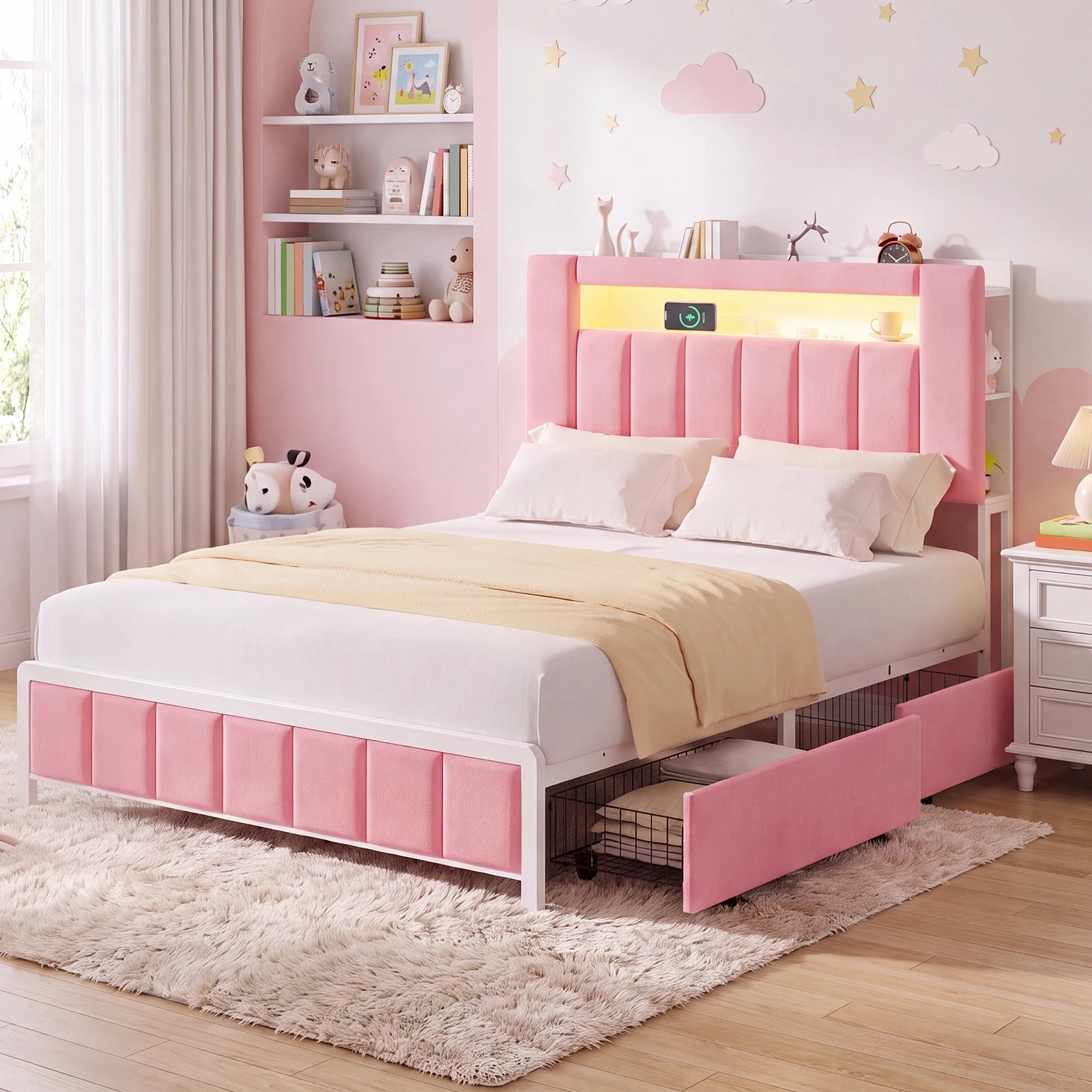 6 Advwin Double Bed Frame with LED Shelves Charging Station - Pink, 6 of 8