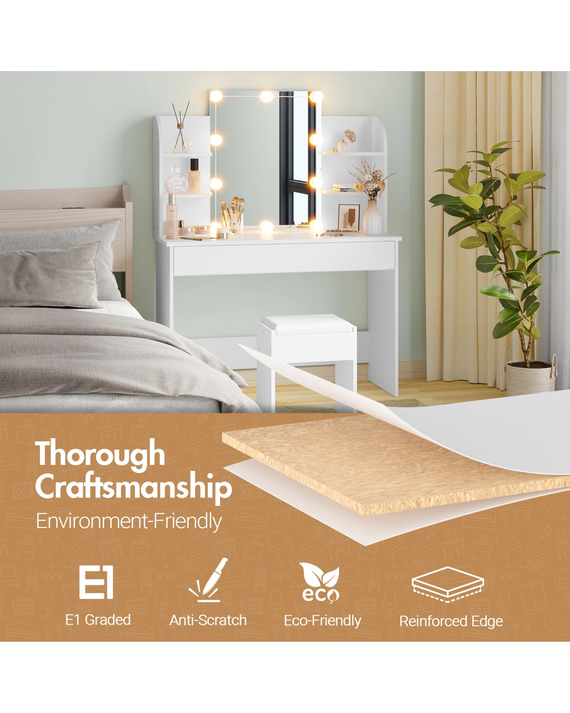 7 Advwin Dressing Table Stool Set 10 LED Lights Makeup Mirror Vanity Desk with Shelves Drawers Dresser, 7 of 8