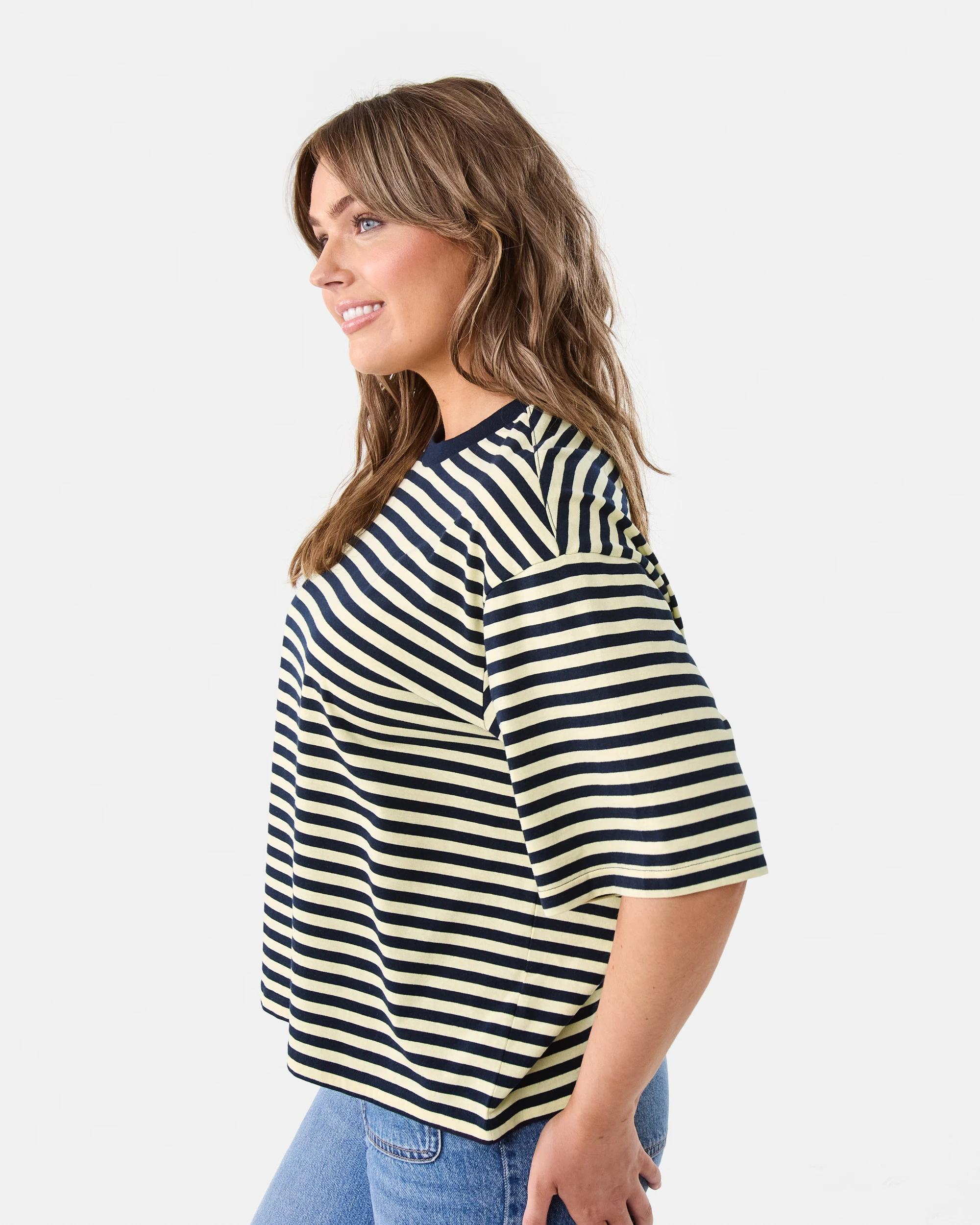 2 Short Sleeve Oversized Chopped Stripe T-shirt Navy Strp, 2 of 5