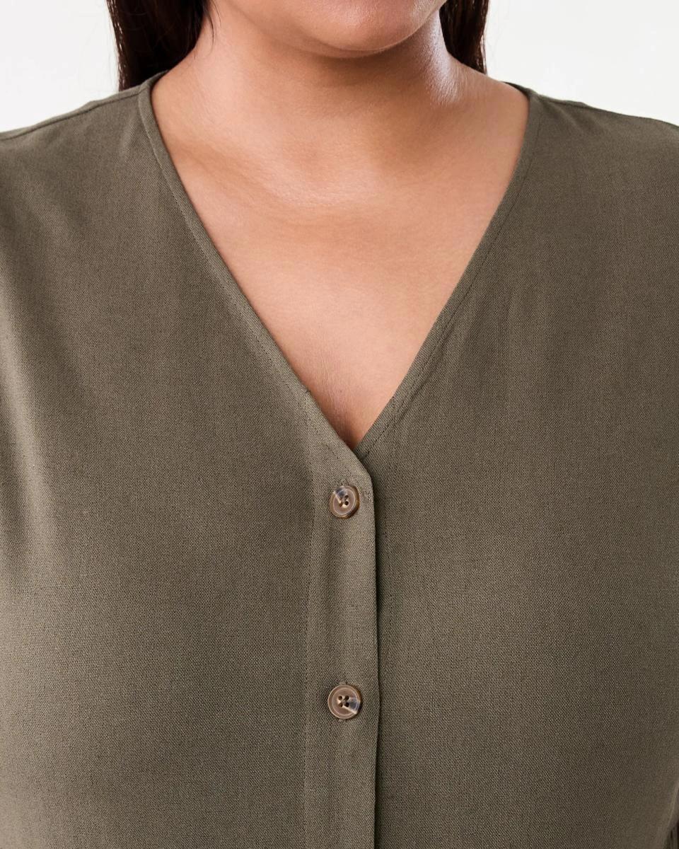 5 Curve Short Sleeve Button Through Midi Dress Deep Olive, 5 of 9