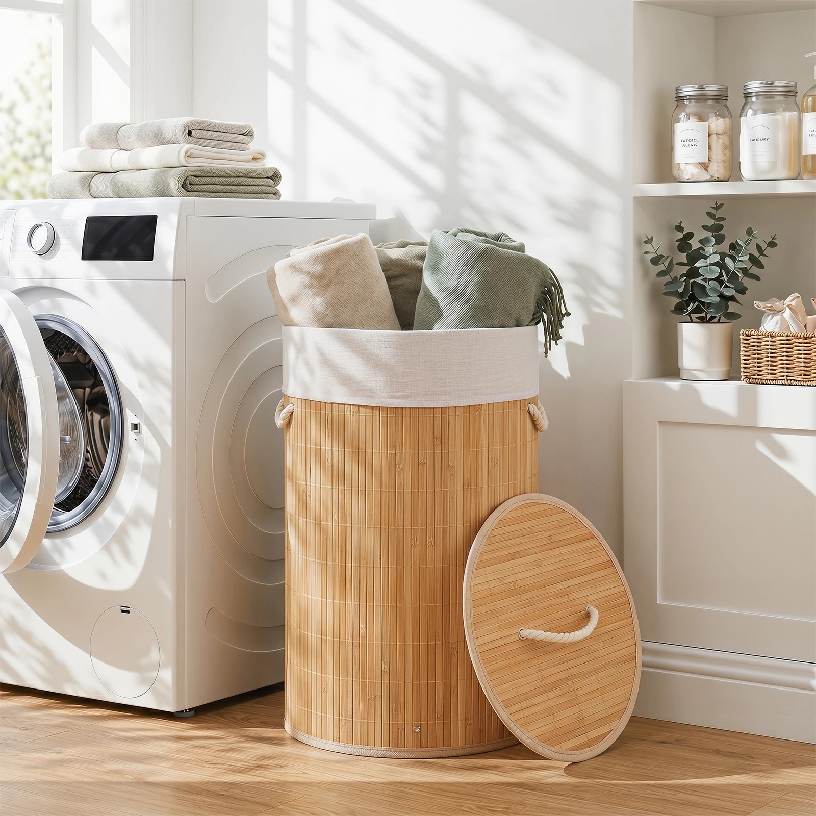 3 Costway 50L Round Laundry Hamper Bamboo Clothes Hamper w/Removable Liner - Natural, 3 of 5