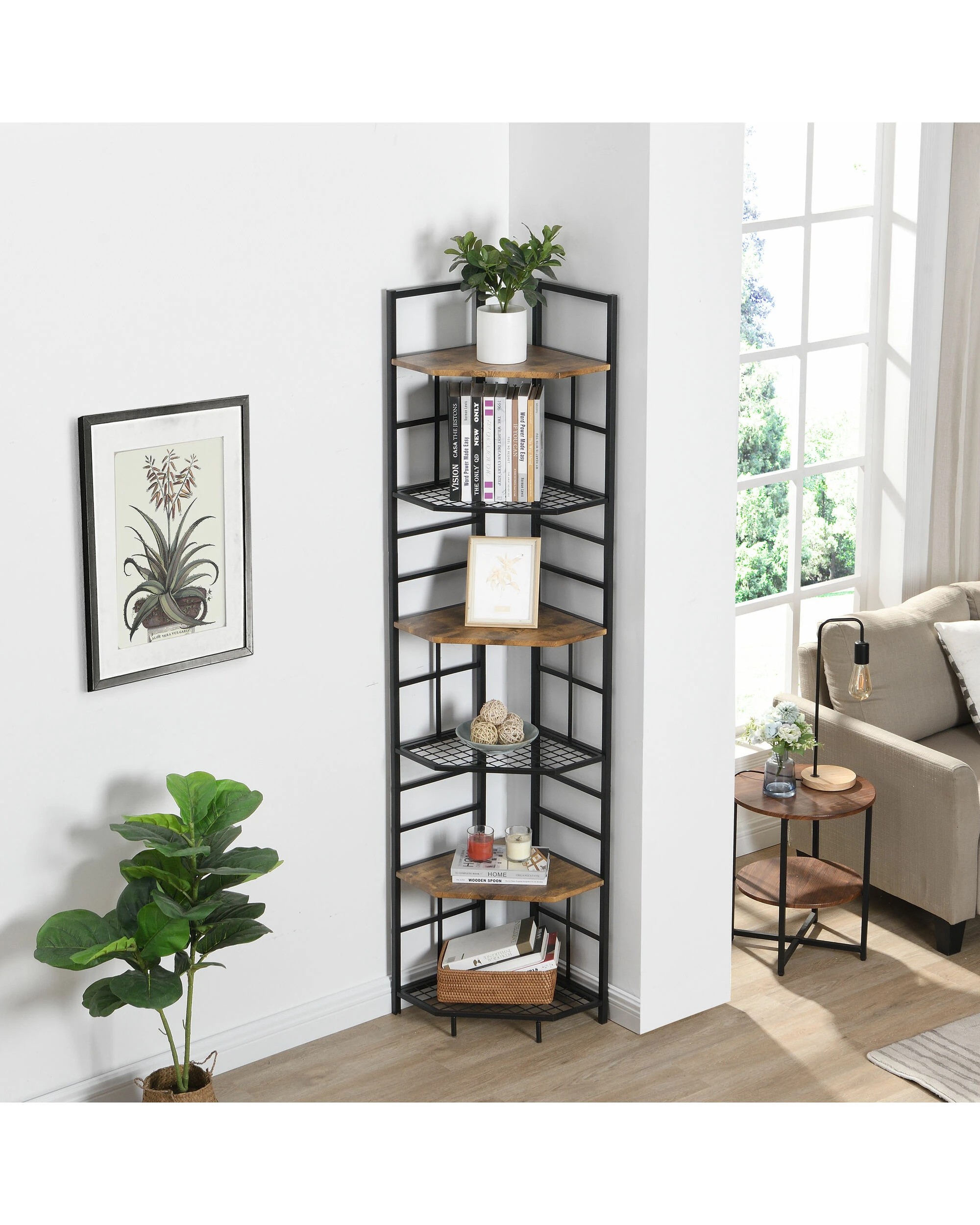 3 IHOMDEC 6-Tier Pentagon Corner Bookshelf - Brown, 3 of 10