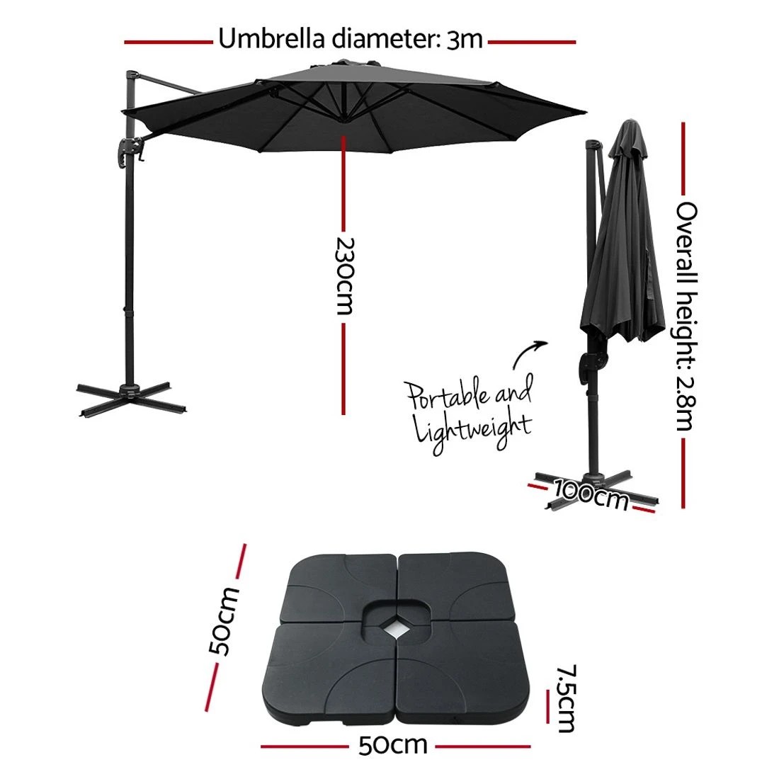 2 Instahut 3m Outdoor Umbrella w/Base Cantilever Beach Roma 360 Degree Tilt
 - black, 2 of 7