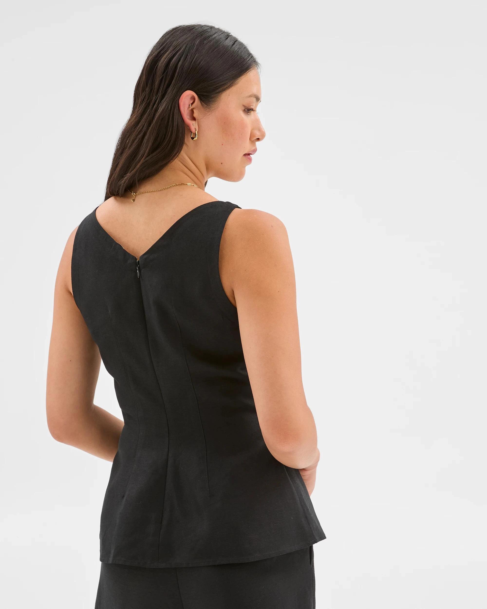 4 Linen Blend Sleeveless Tailored Top - Preview BLACK, 4 of 6