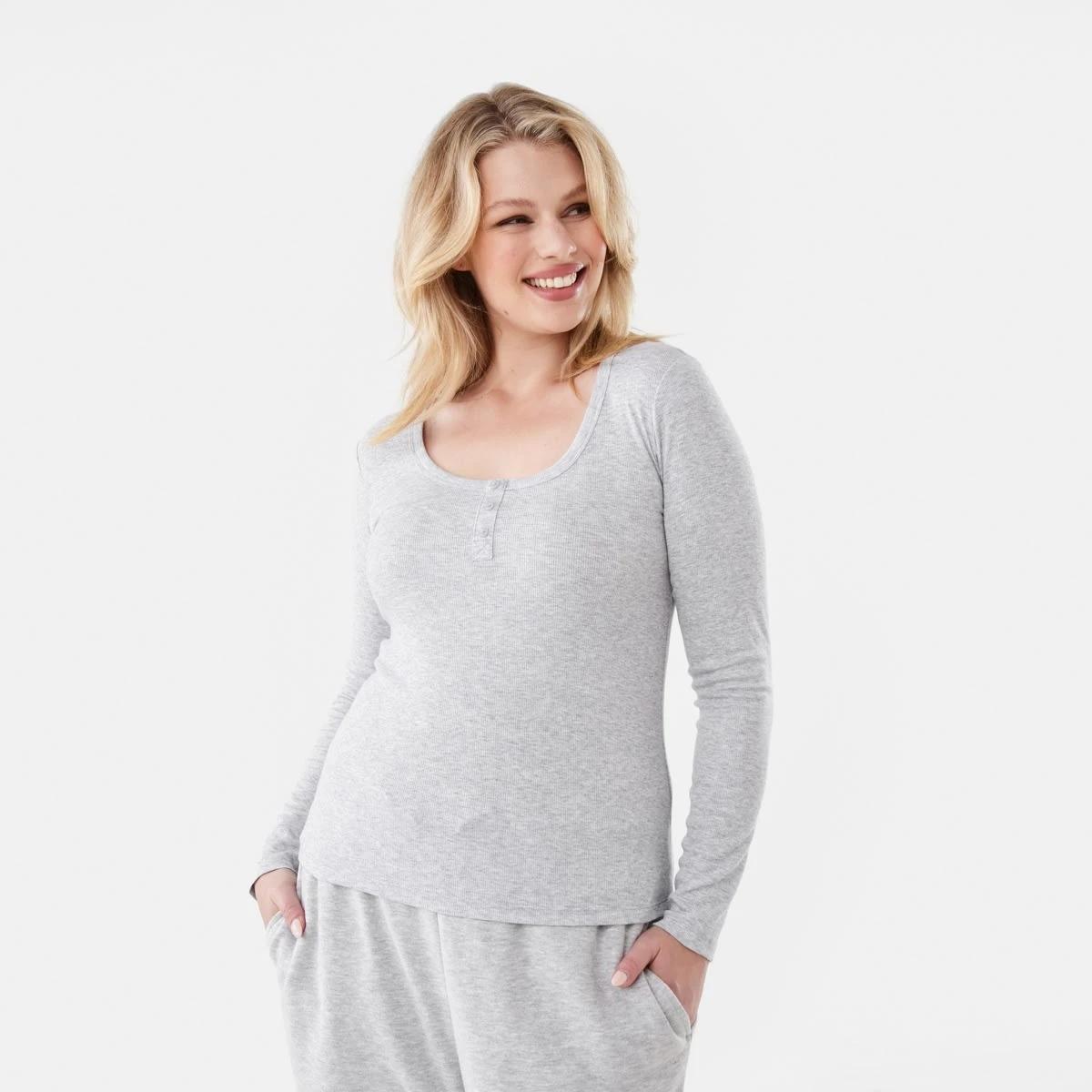 1 Long Sleeve Rib Henley Top Slvr Marle, 1 of 6