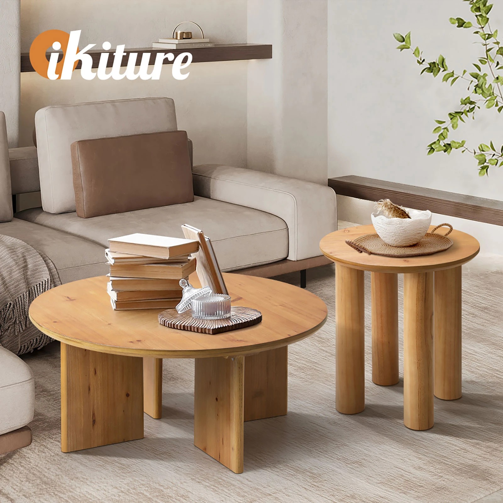 5 Oikiture Coffee Table Side End Tables Sofa Desk Bedside Nightstand Round
 - Natural, 5 of 10