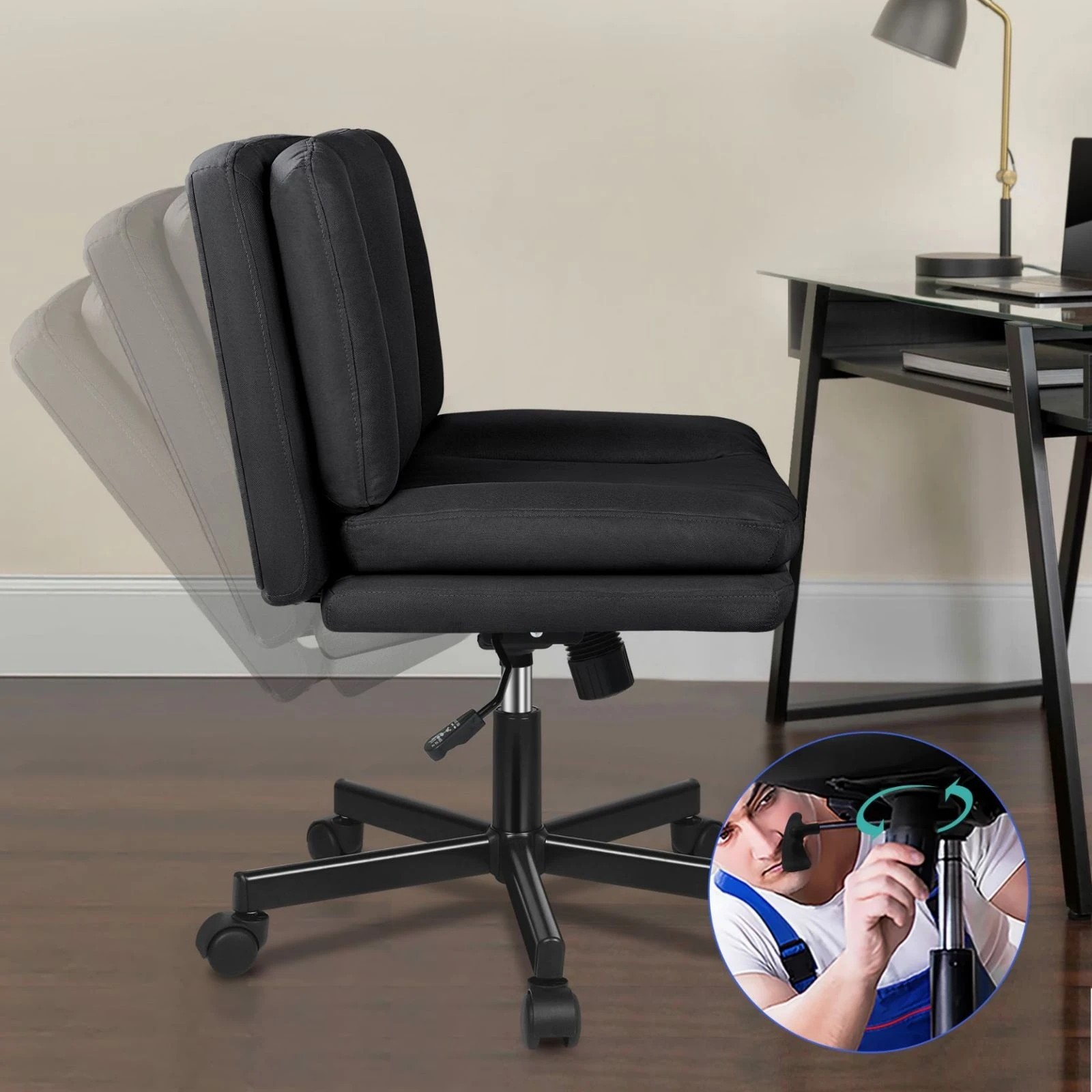 4 Alfordson Armless Office Desk Chair Mid Back Wide Seat w/ Wheels Fabric - Black, 4 of 10