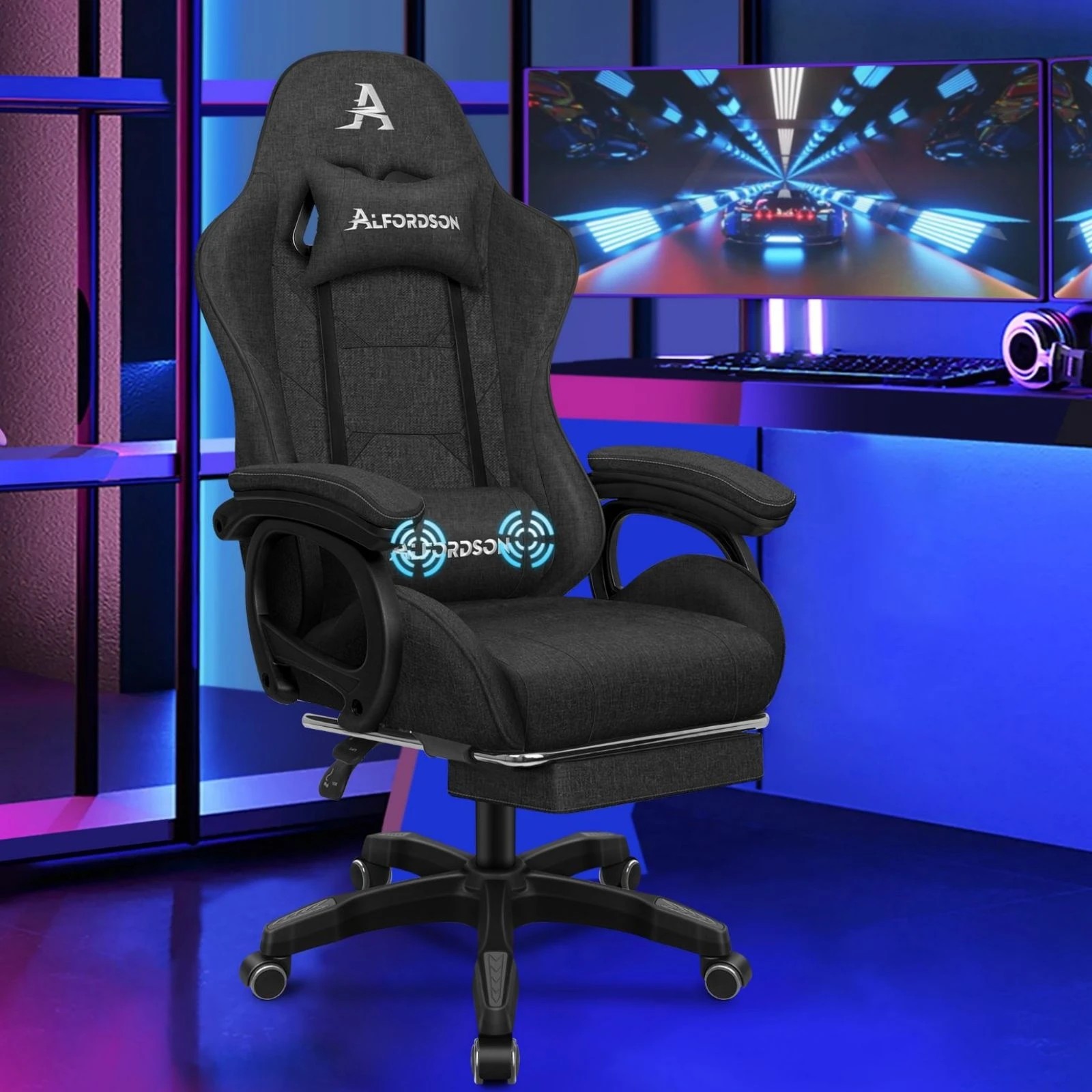 2 Alfordson Gaming Chair Office Massage Computer Fabric Racing Seat Footrest - Grey, 2 of 10