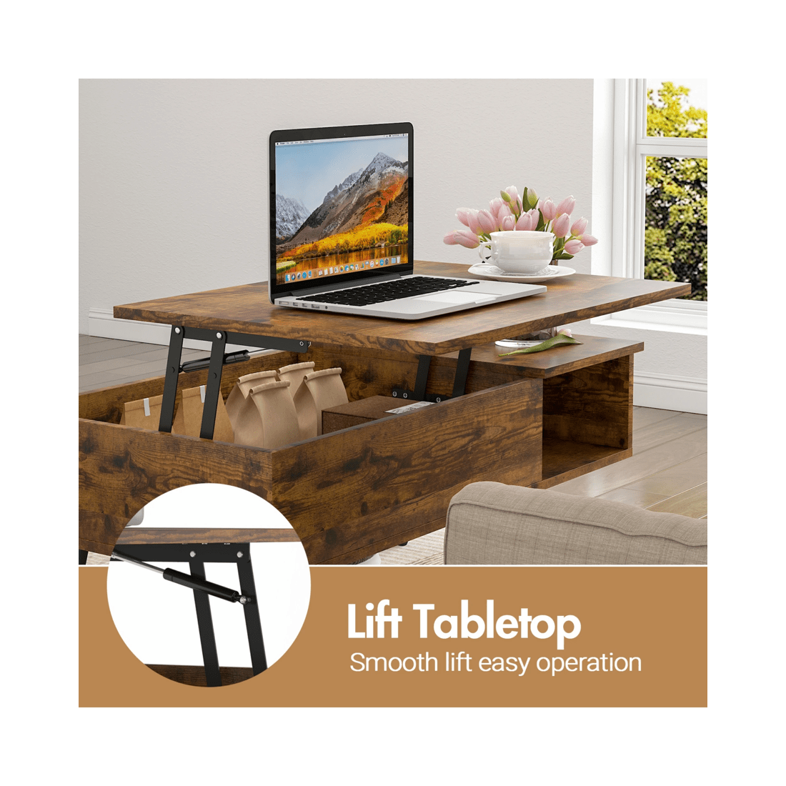 4 Advwin Lift Up Top Coffee Table Side Table w/ Hidden Storage & Shelf Walnut, 4 of 7