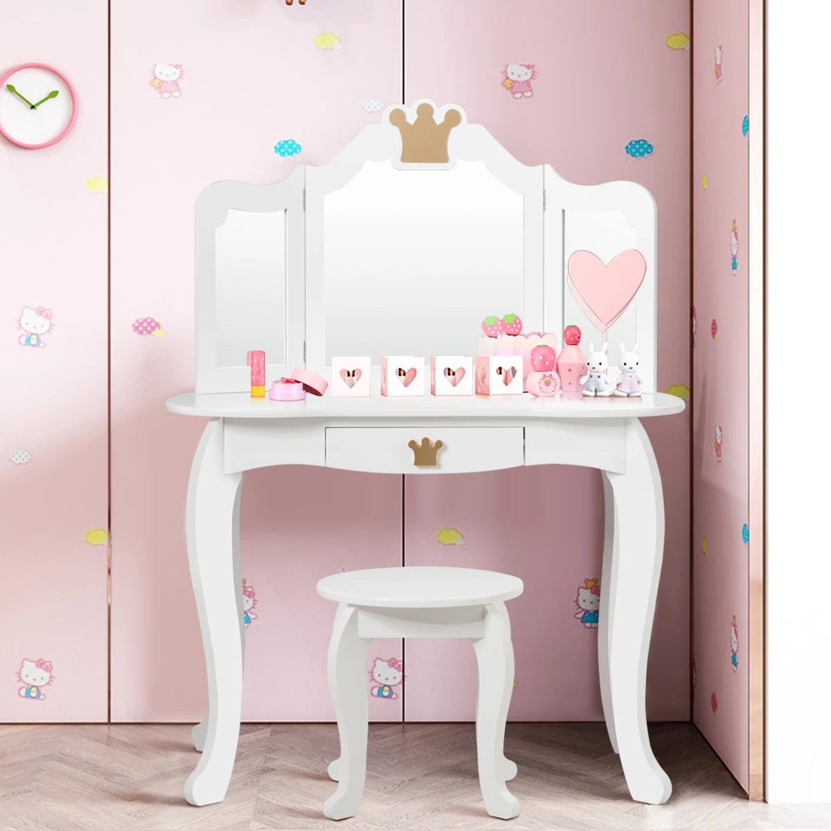 2 Costway 2in1 Vanity Table Chair Set Princess Makeup Dressing Table - White, 2 of 4