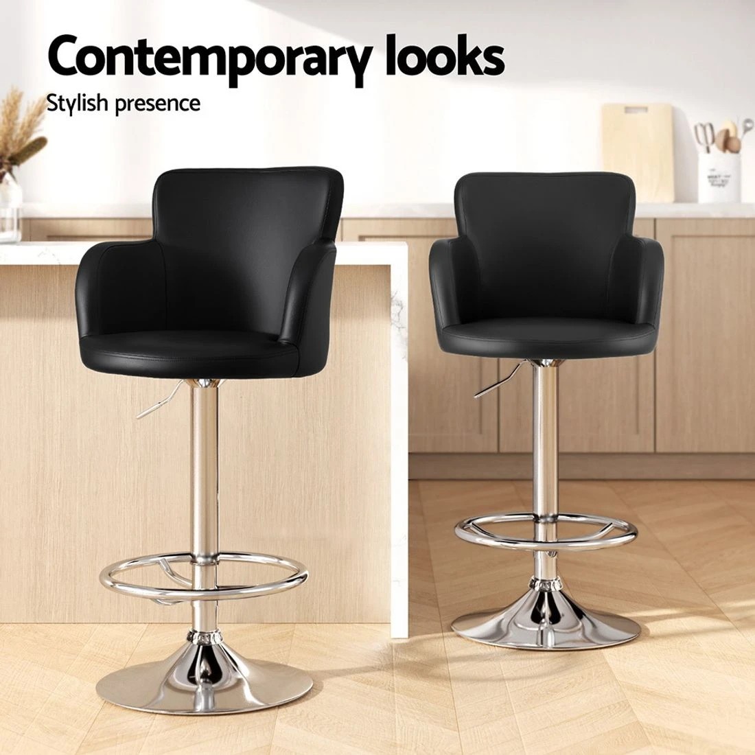 3 Artiss 1x Leather Bar Stools Swivel Adjustable Gas Lift PU Counter Chairs - Black, 3 of 8