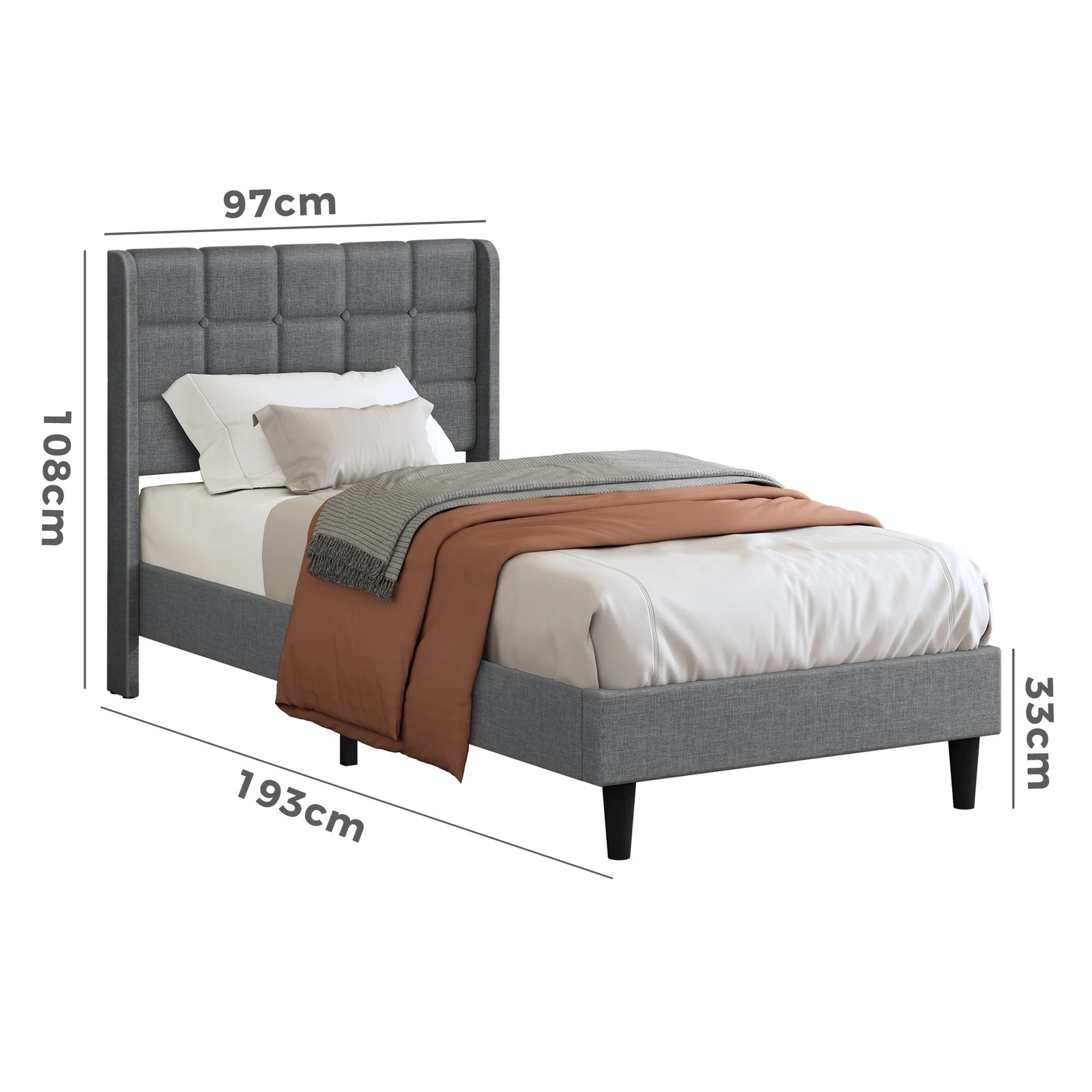 10 Alfordson Bed Frame Single Size Upholstered Wingback Base Fabric Sarah - Grey, 10 of 10