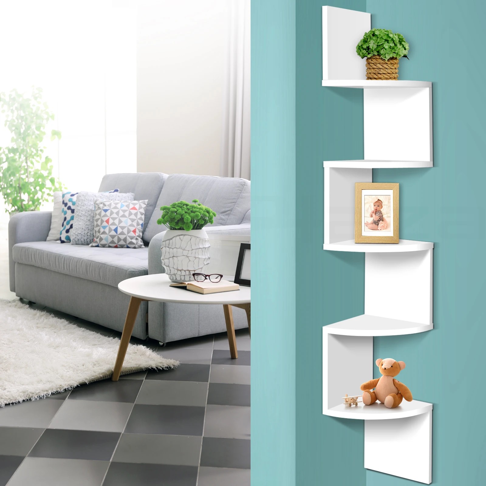 4 Artiss Wall Shelf Corner Floating 5-Tier Display Storage Space Saving Modern Decor Easy Install Sturdy - White, 4 of 8