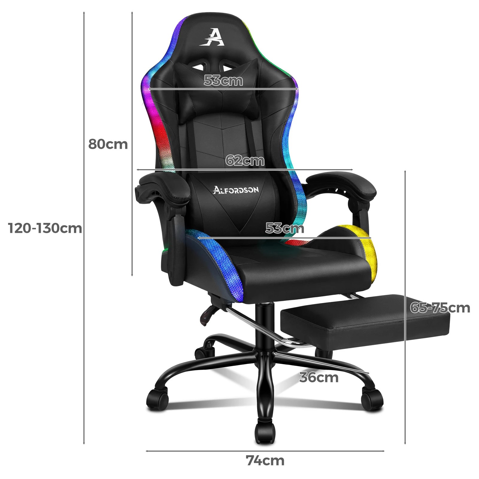 3 Alfordson Gaming Chair Office Massage 12 RGB LED Computer Seat PU Leather - Black, 3 of 10