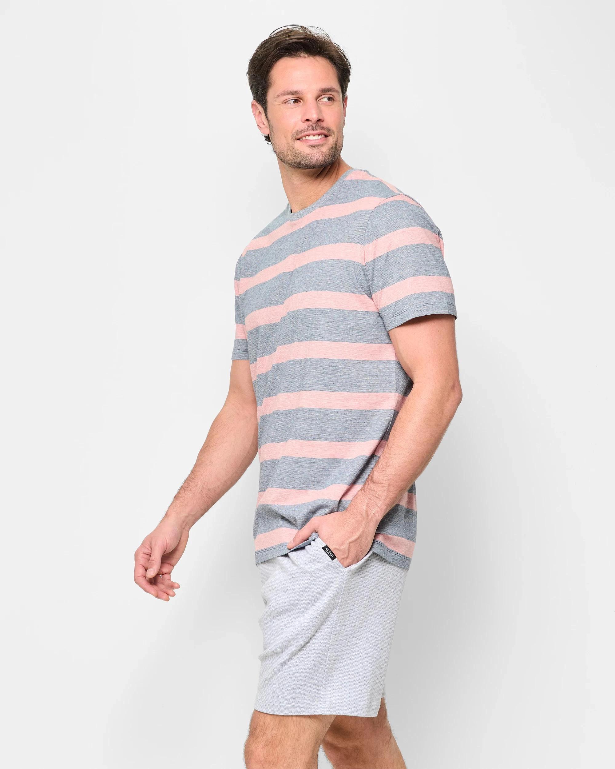 3 Mens Australian Cotton Stripe Sleep T-Shirt - Maxx BRICK RED/NAVY STRIPE, 3 of 5