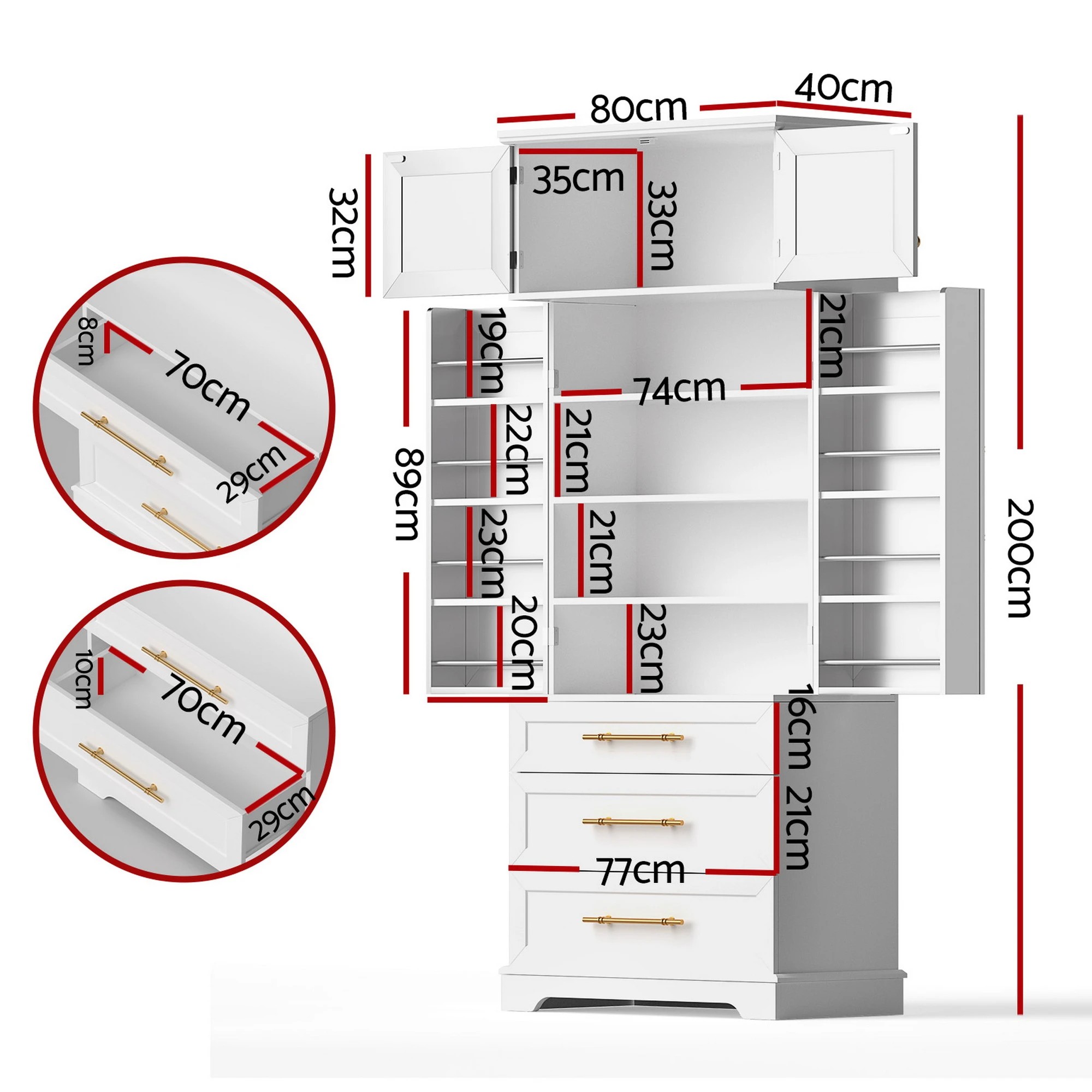2 Artiss Buffet Sideboard Cabinet Pantry Kitchen Storage Cupboard Drawers - White, 2 of 3