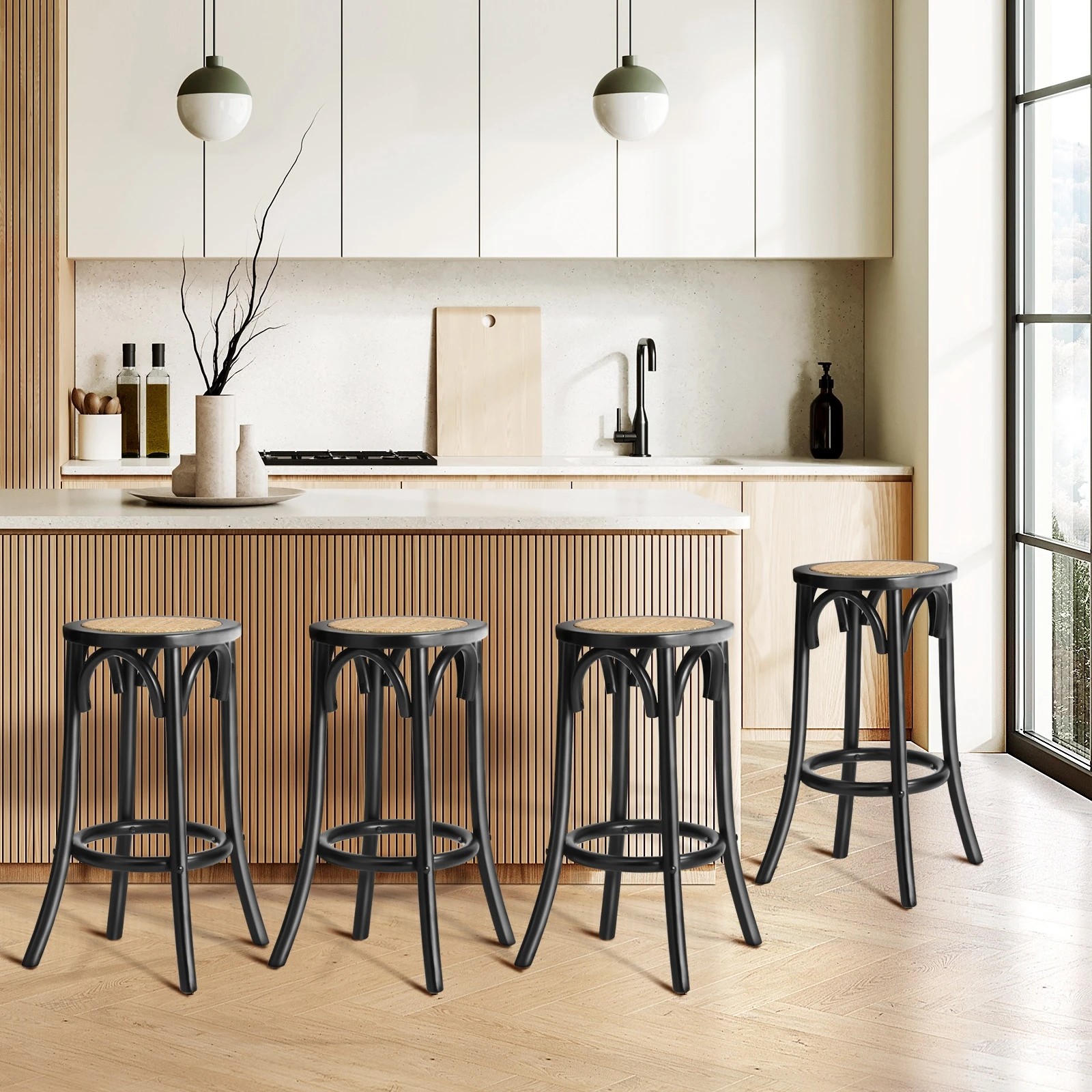 2 Oikiture Set Of 4 Bar Stools Kitchen Vintage Dining Chair Rattan Seat
 - Black, 2 of 10