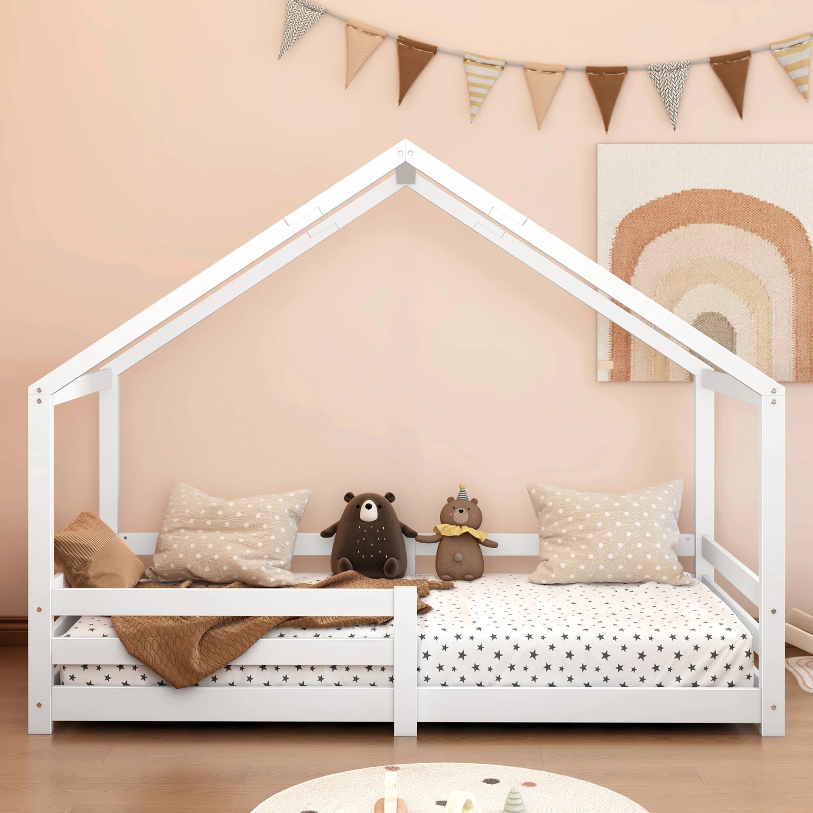 3 Alfordson Kids Bed Frame Wooden Timber Single House Frame Platform Base - White, 3 of 7