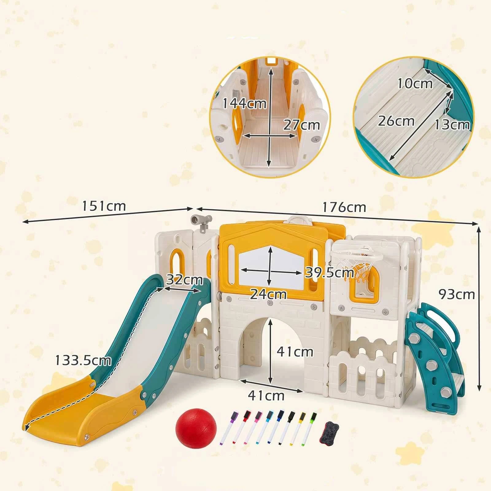 2 Costway 9 in 1 Slide Set Climber Playset Basketball Hoop Telescope Music Box Climb Ladder - Yellow, 2 of 3