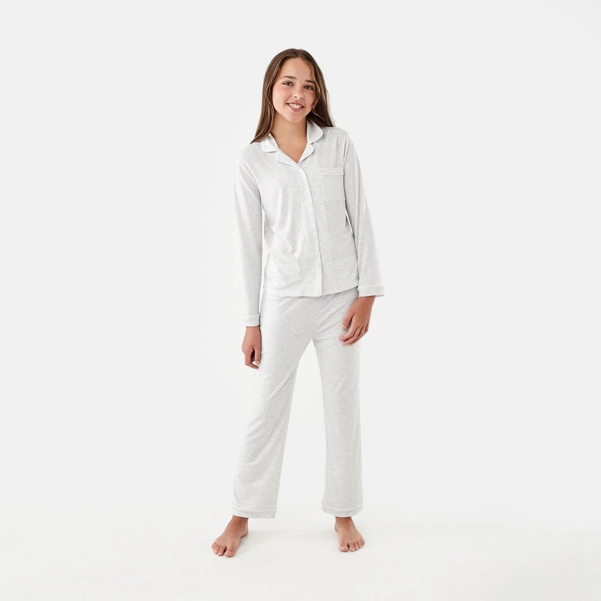 1 Long Sleeve Button Through Pyjama Set Wht Marle, 1 of 10
