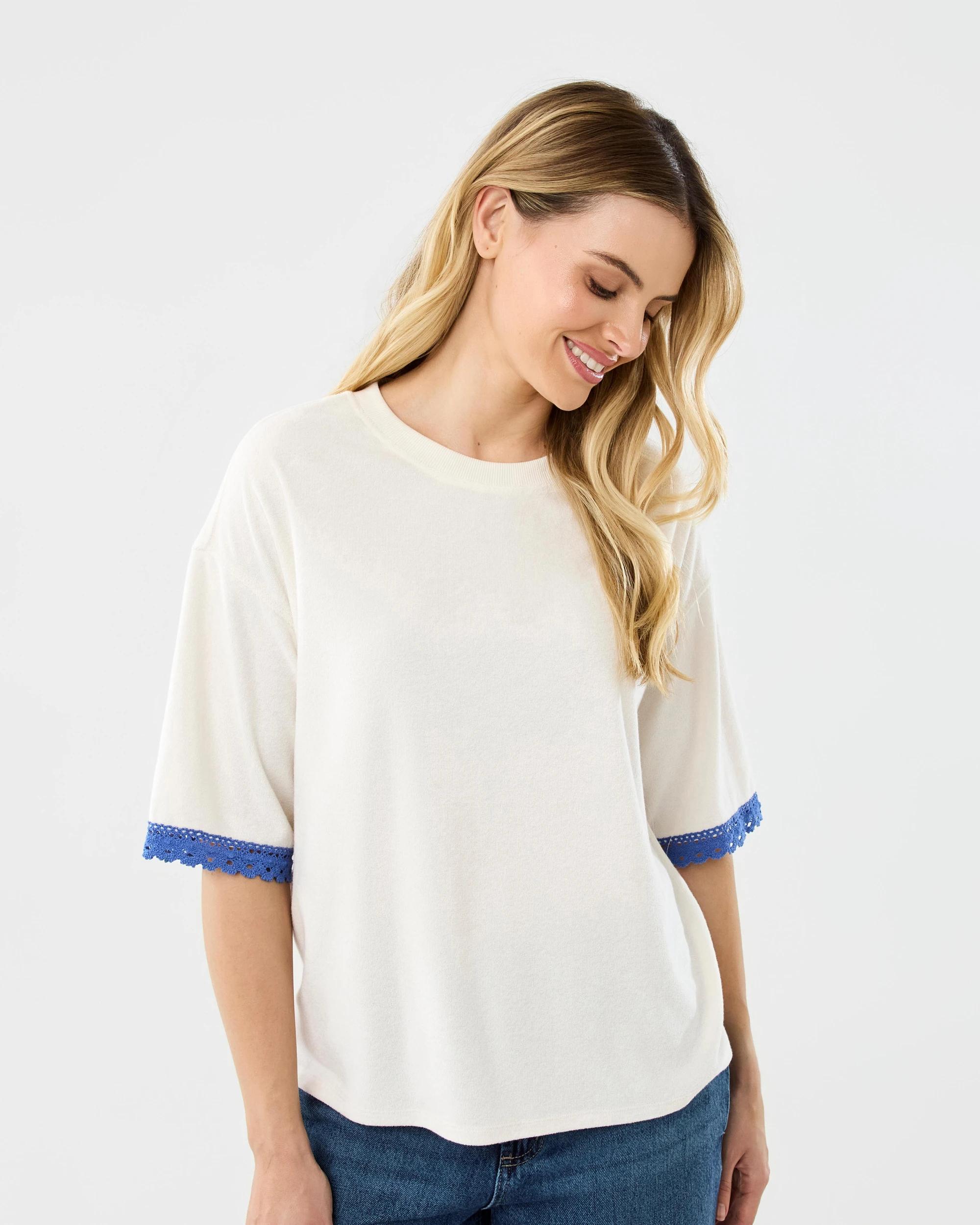 1 Short Sleeve Lace Trim Terry Sweatshirt Prtn White, 1 of 6