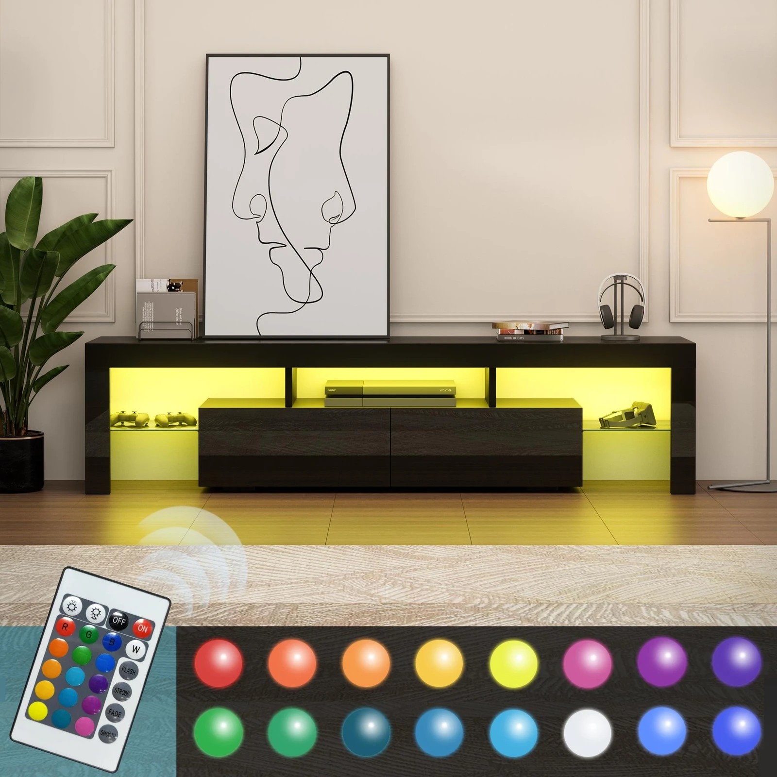 6 Alfordson Entertainment Unit 160cm TV Stand LED Light Storage Gloss - Black, 6 of 10