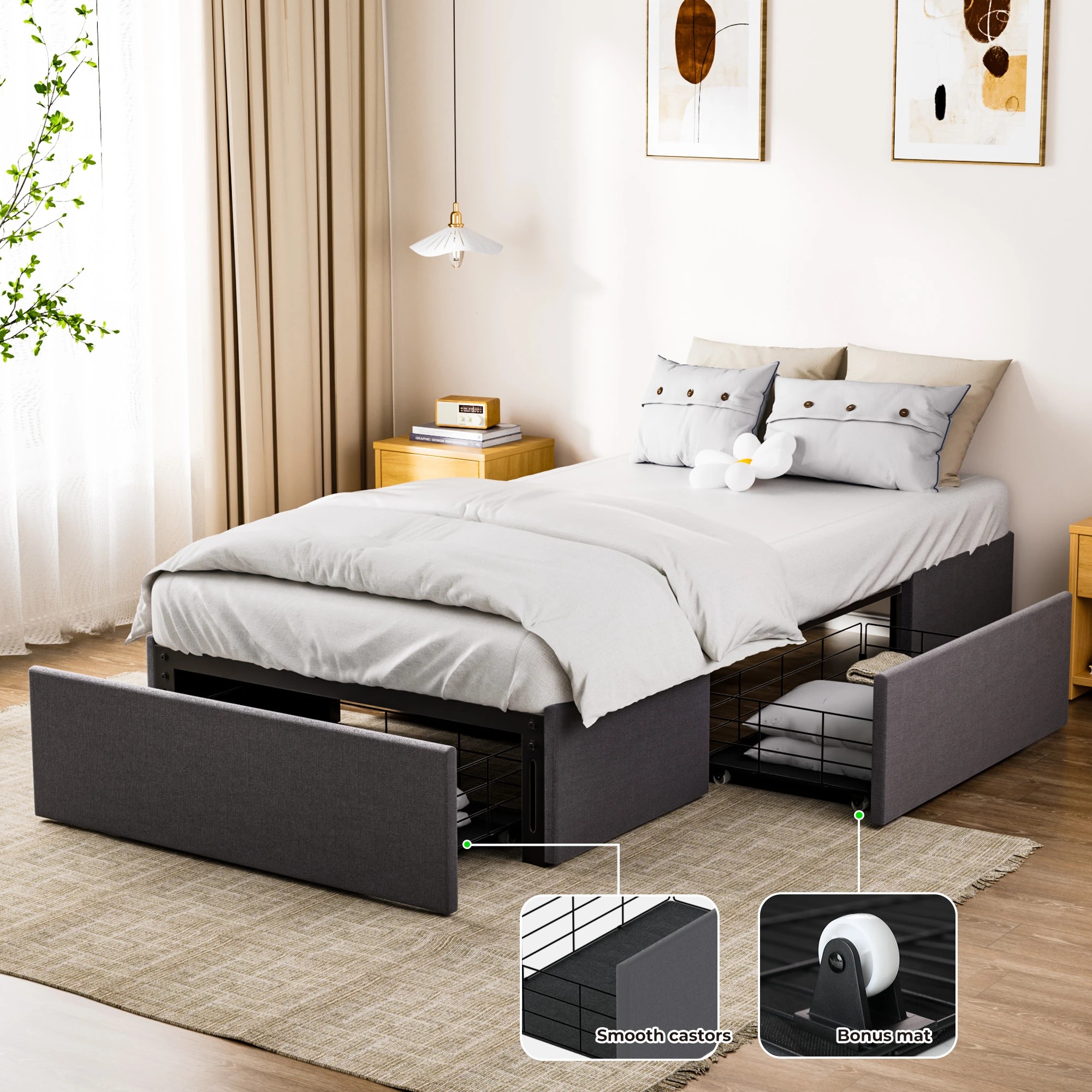 8 Levede Bed Frame Single Size Fabric Mattress Base 3 Storage Drawer - Grey - Grey, 8 of 9