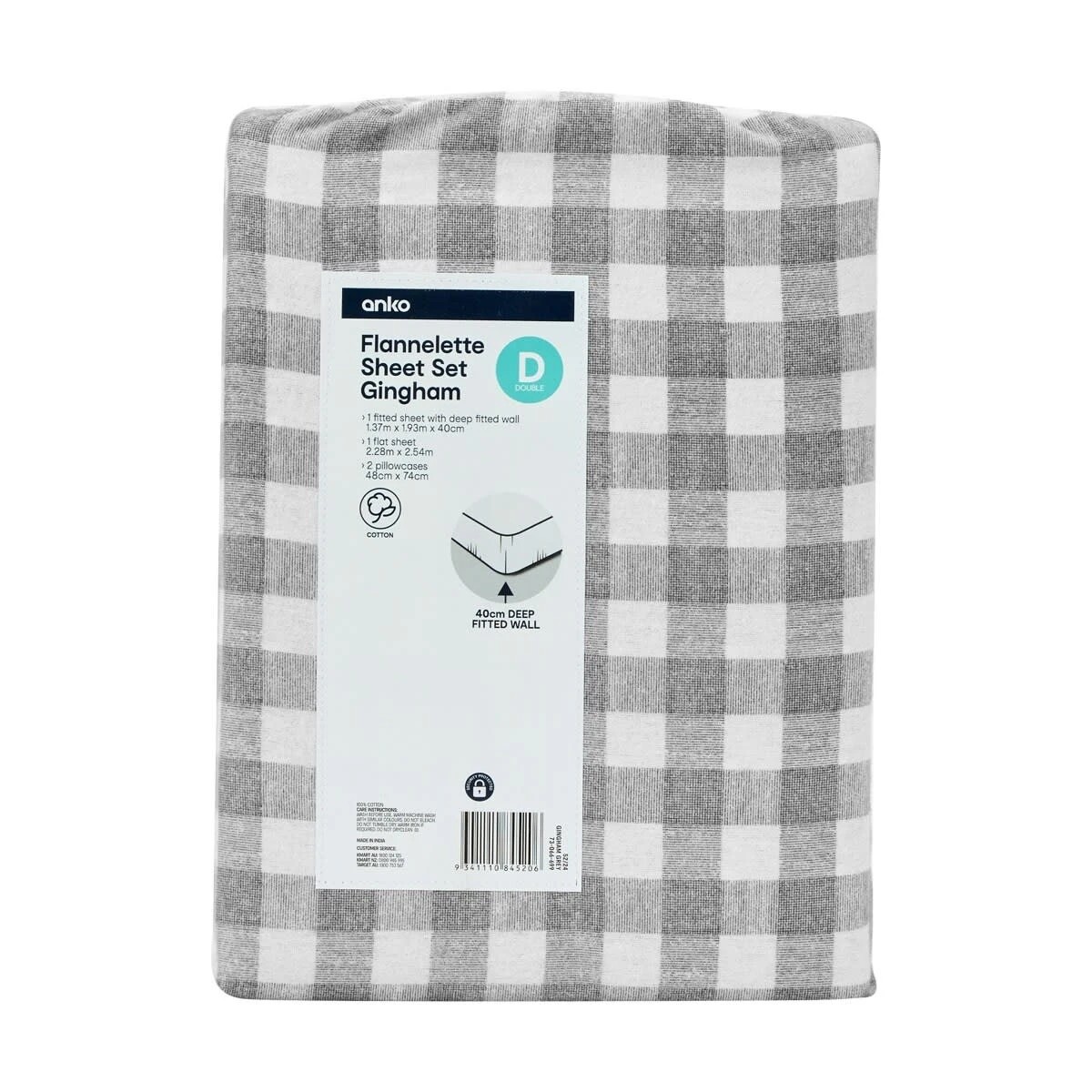 7 Gingham Cotton Flannelette Sheet Set - Double Bed, Grey, 7 of 7