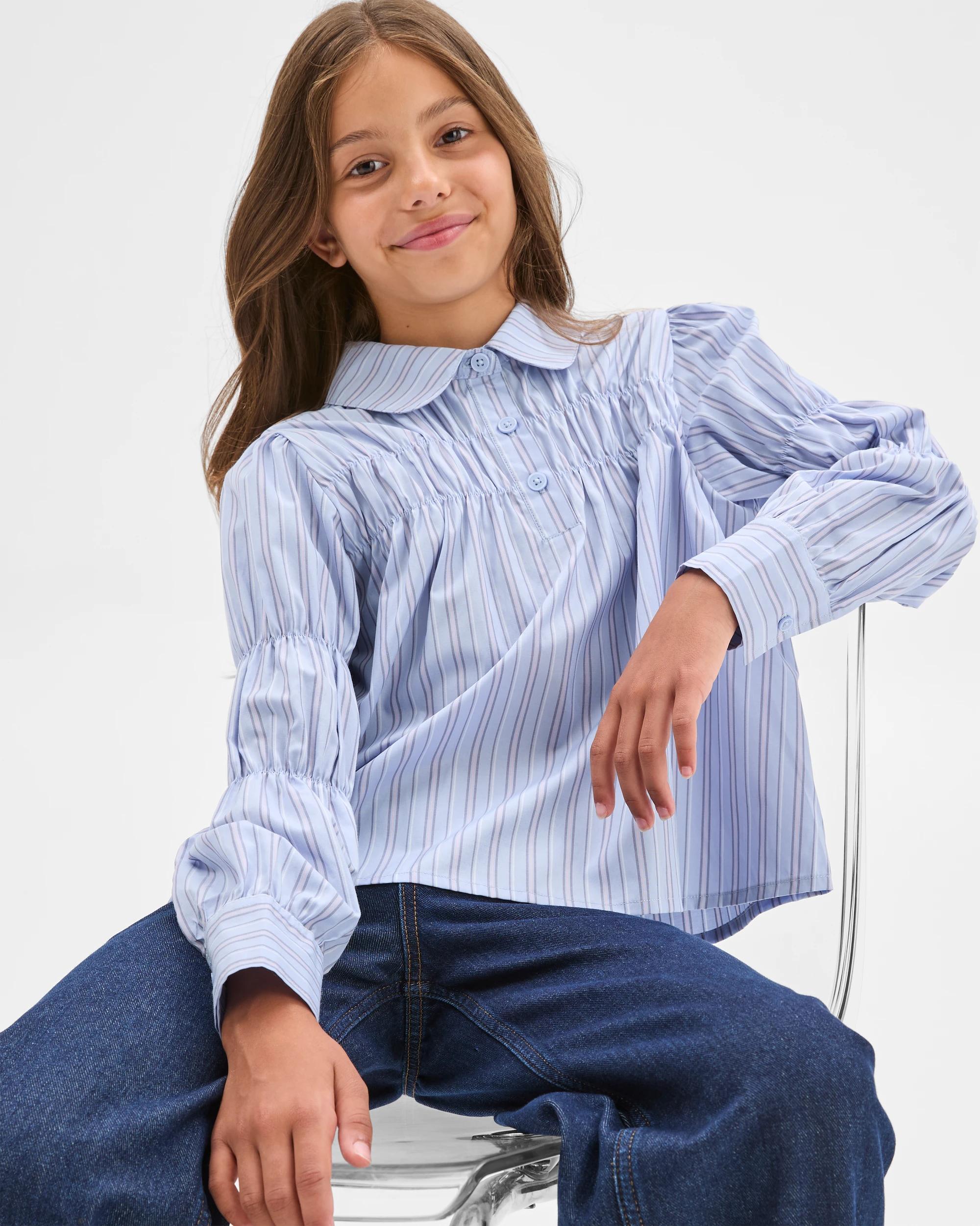 1 Target Kids Long Sleeve Ruched Pinstripe Shirt BLUE, 1 of 7