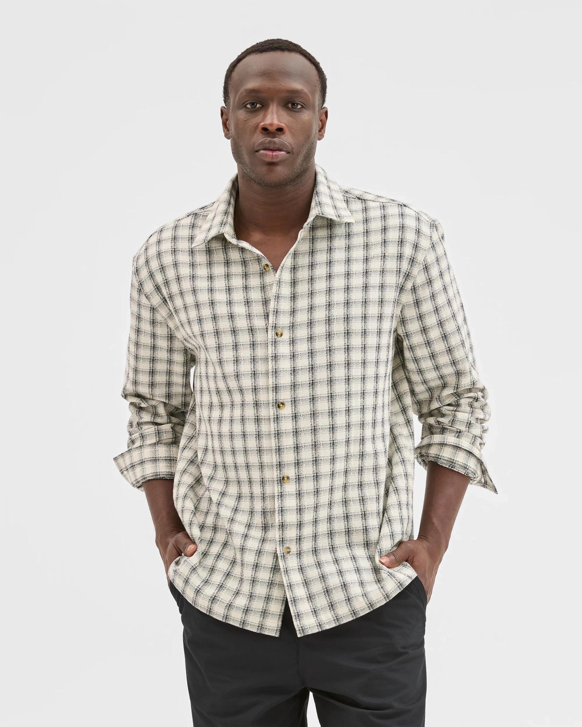 1 Commons Australian Cotton Boxy Fit Long Sleeve Textured Shirt ECRU CHECK, 1 of 6