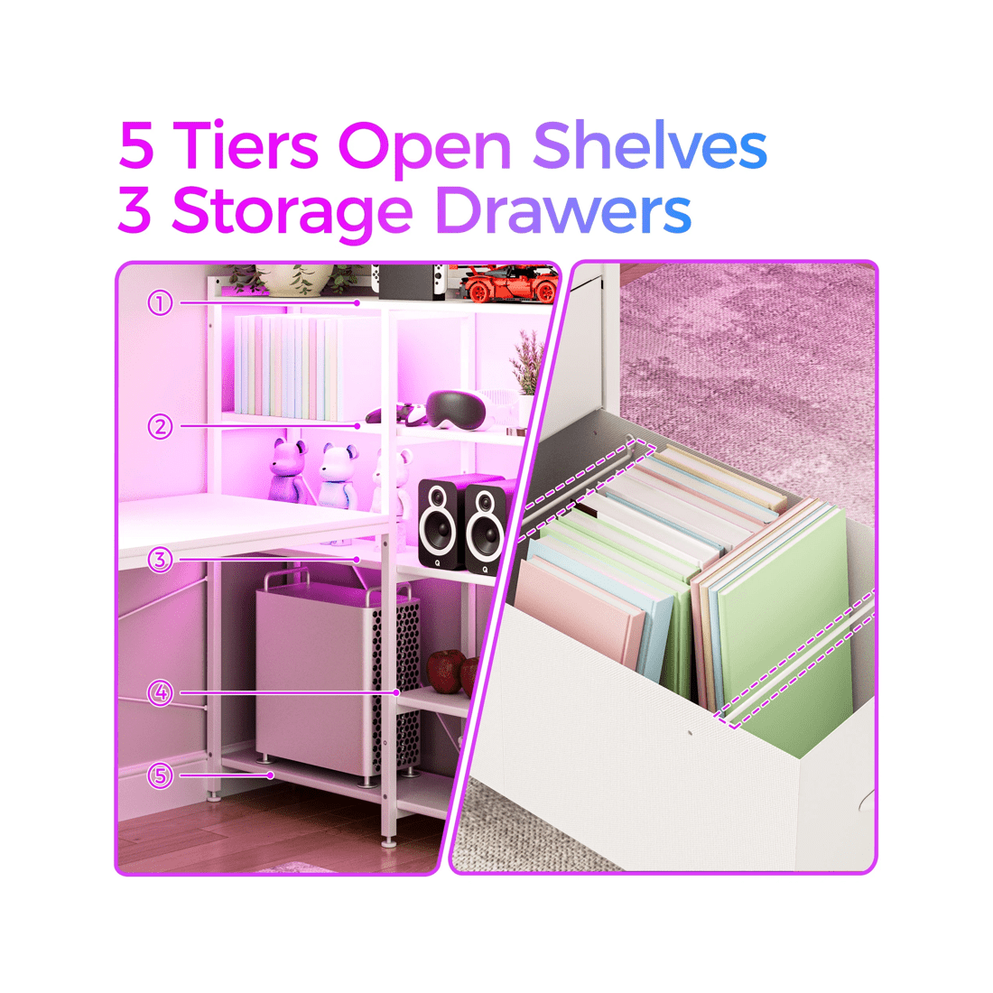 8 Advwin U Shaped Gaming Desk With Led Lights & Power Outlets Reversible 164cm Computer Desk With Bookshelf White, 8 of 10