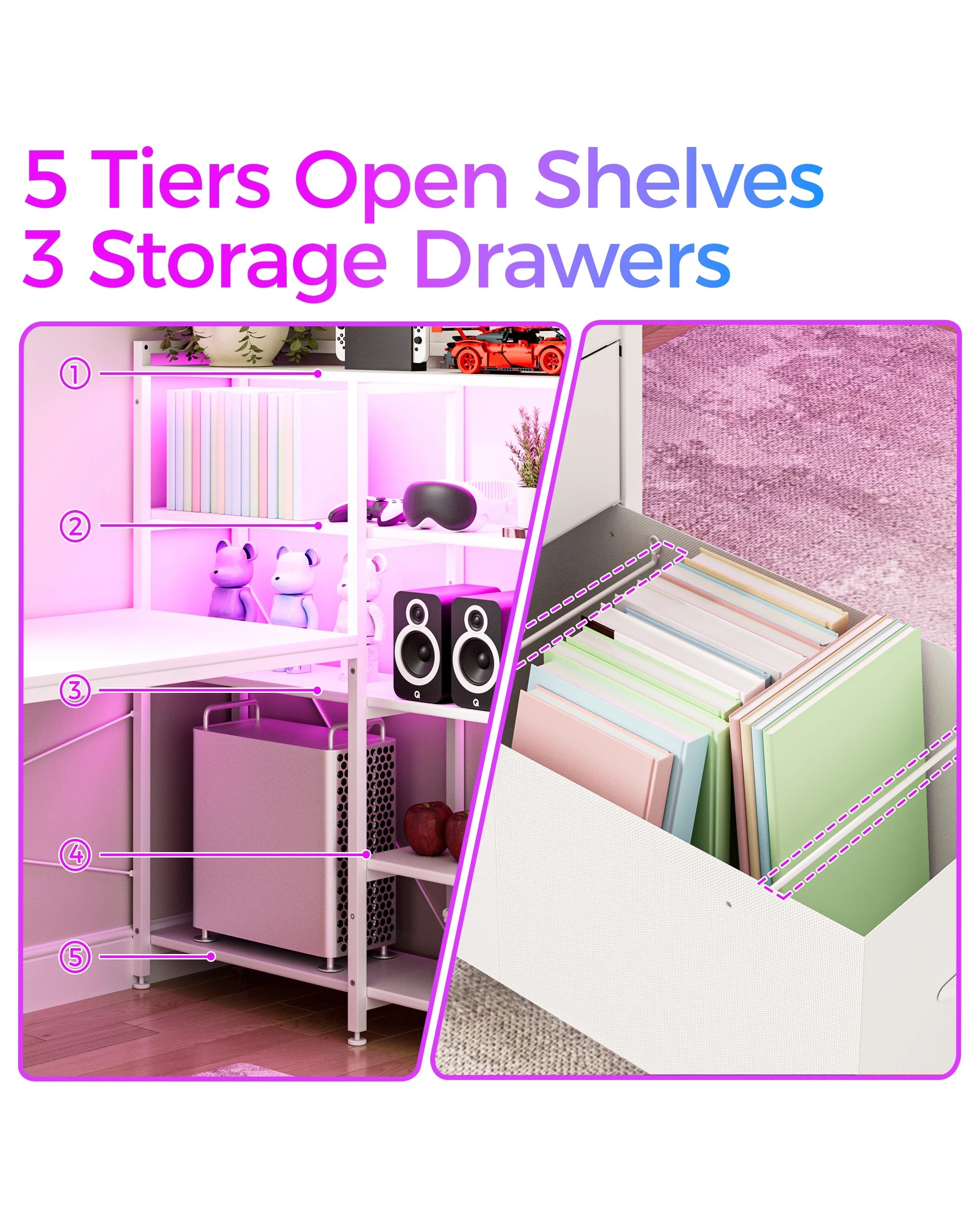 7 Advwin U Shaped Gaming Desk With Led Lights & Power Outlets Reversible 164cm Computer Desk With Bookshelf, 7 of 9