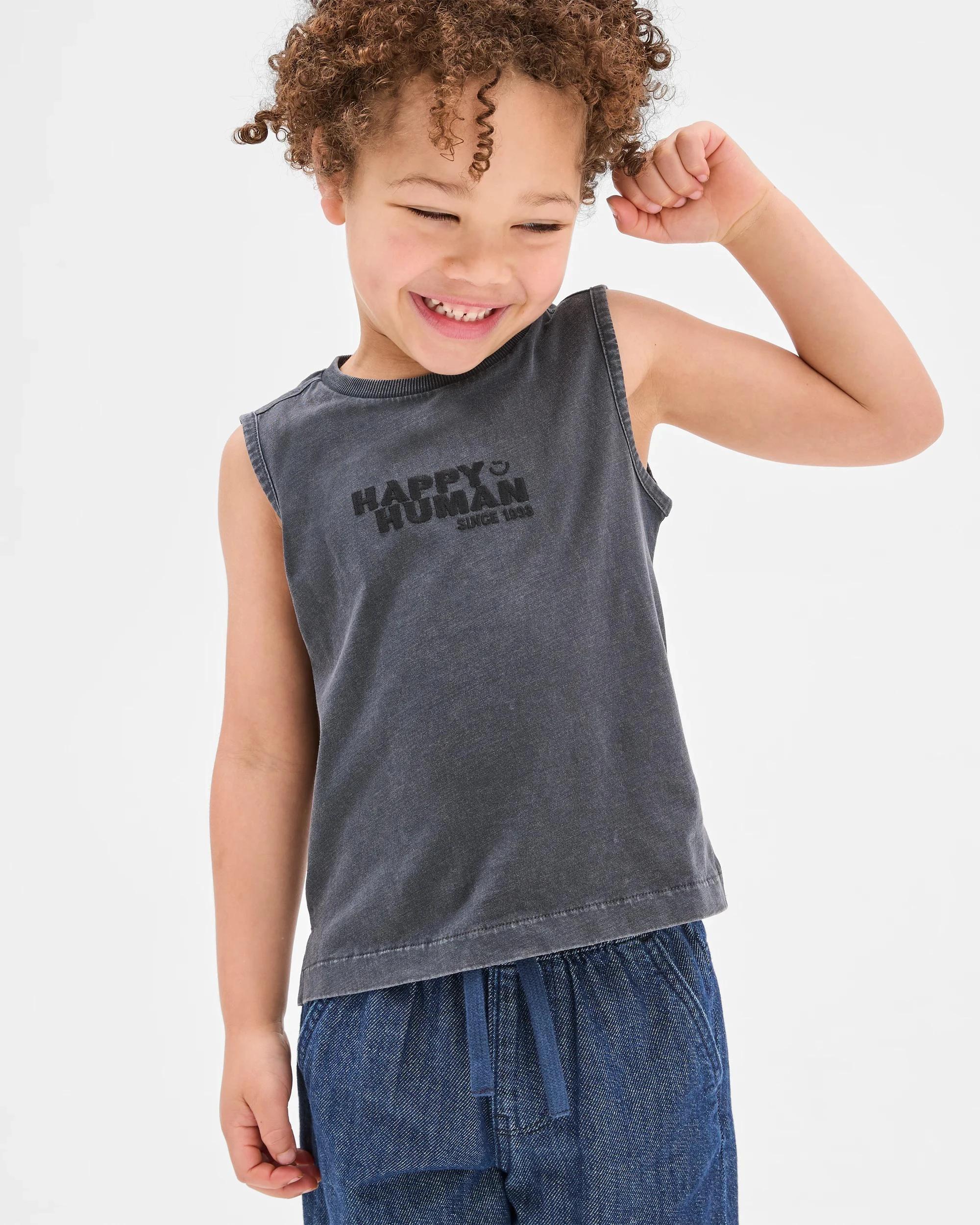 1 Target Australian Cotton Embroidered Washed Tank CHARCOAL HAPPY HUMAN, 1 of 5