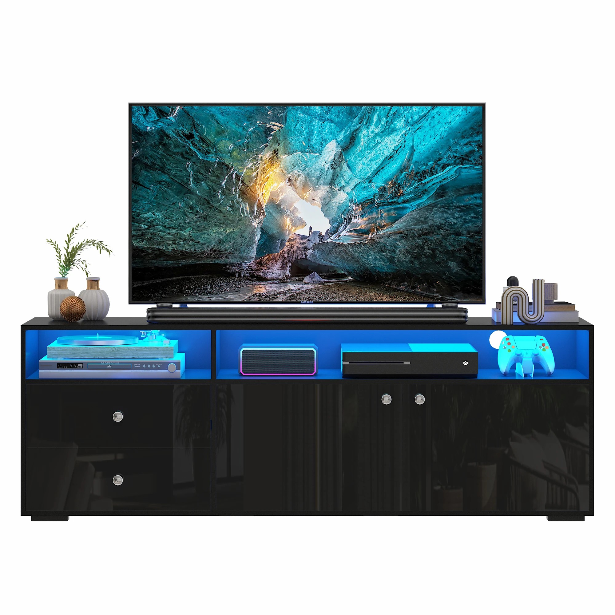 2 Advwin LED TV Cabinet 140cm Entertainment Center Media Console Table with High Gloss Drawer & Cabinets - Black, 2 of 9