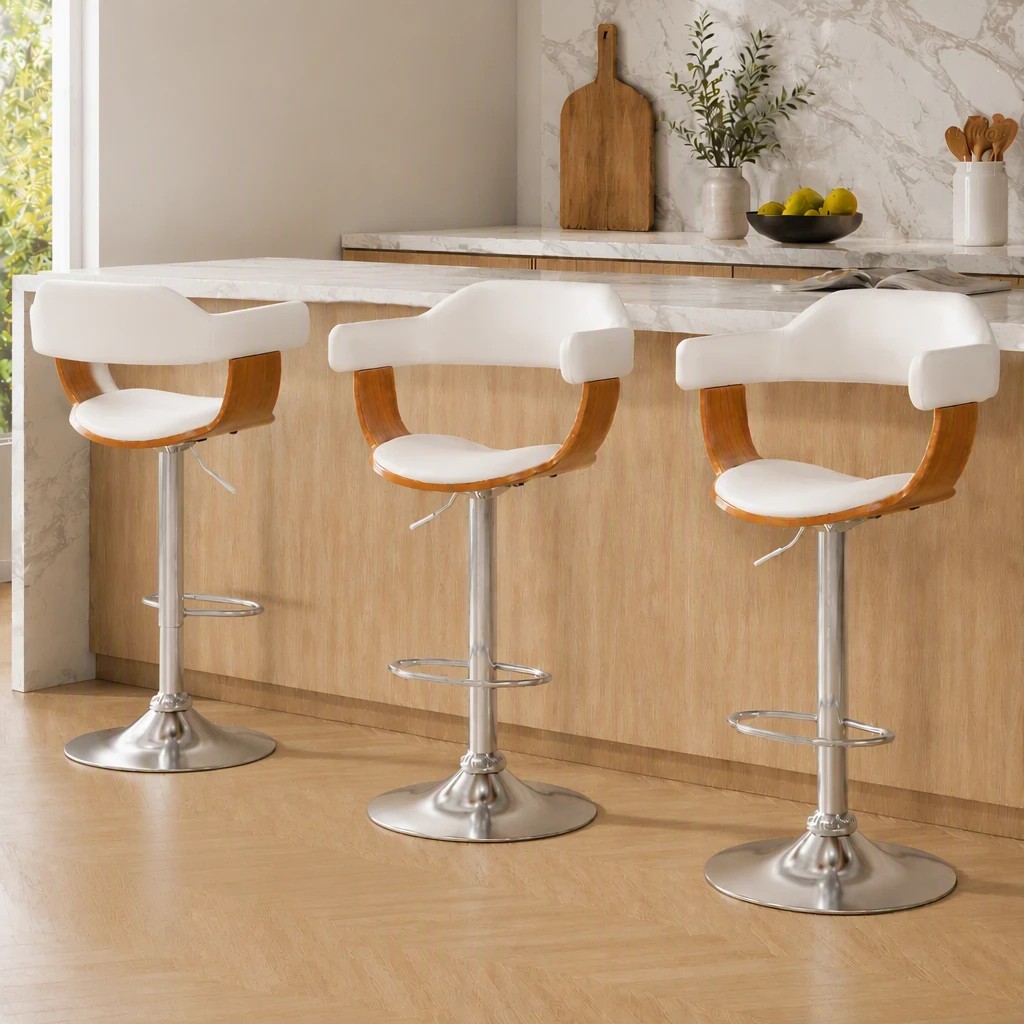 7 Artiss 3x Bar Stools Bentwood PU Selina - White, 7 of 7