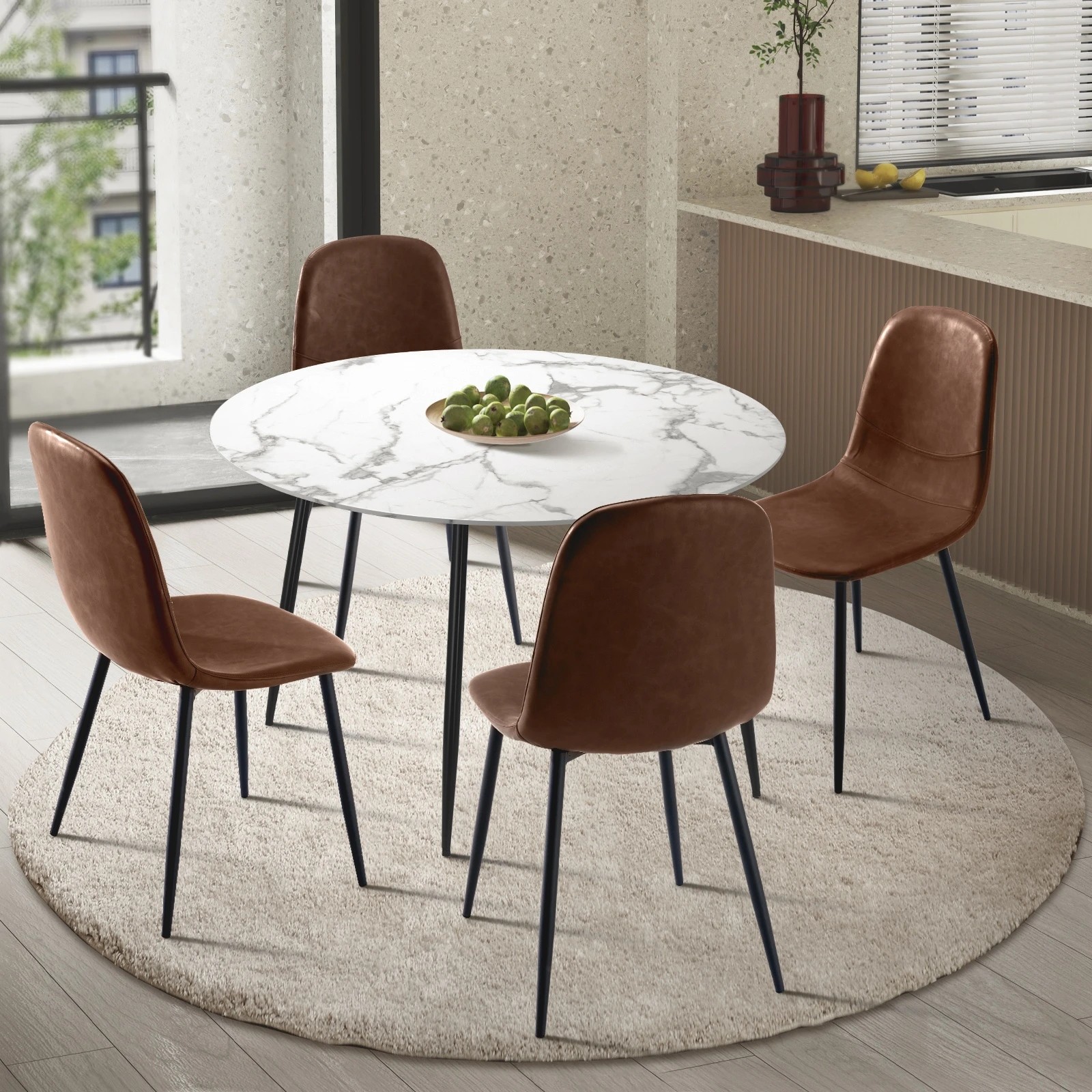 2 Oikiture 110cm Round Dining Table With 4pcs Pu Leather Dining Chairs
 - Multi, 2 of 10