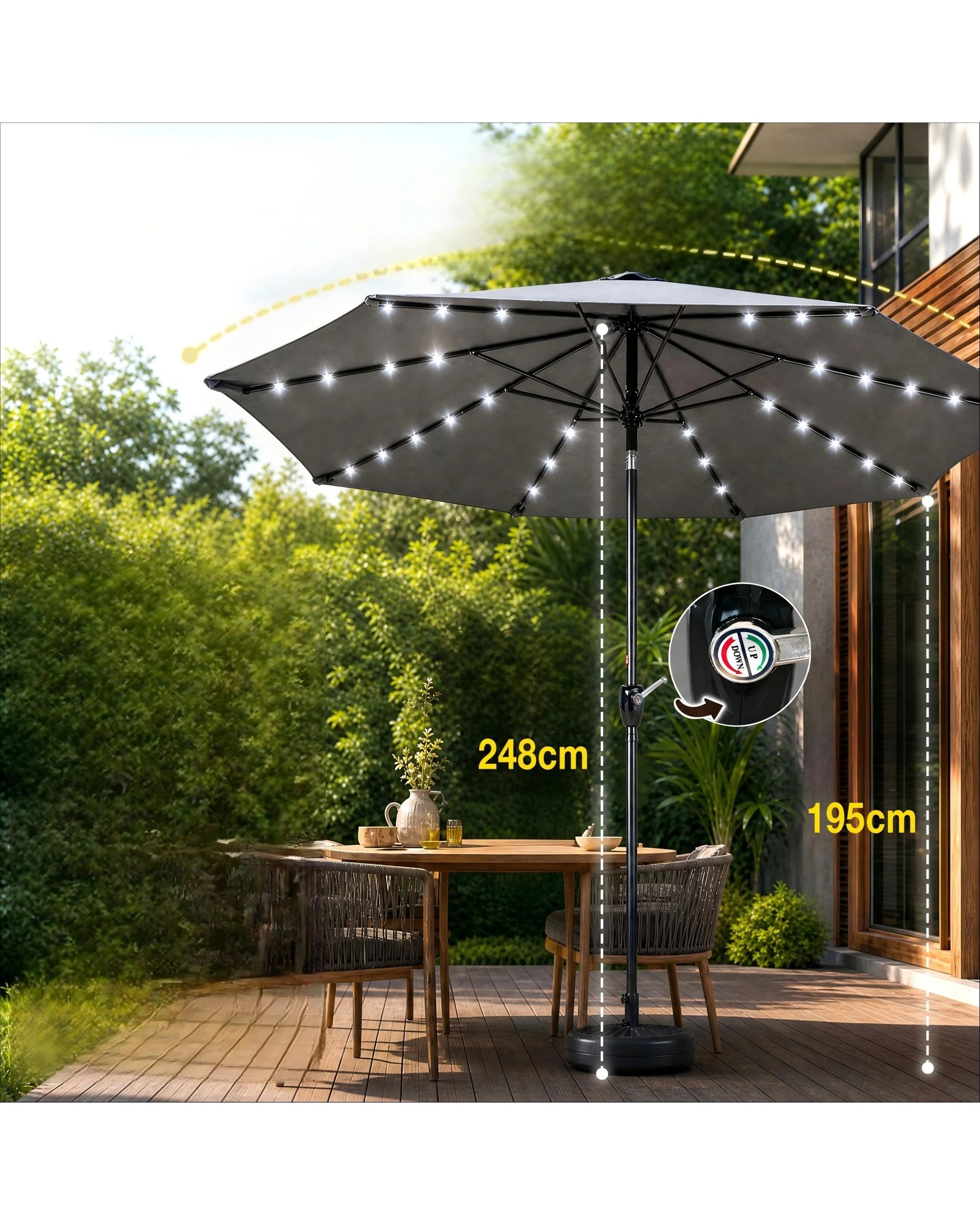5 Advwin Solar Patio Umbrella with Base, 3m Outdoor Umbrella with 32 LED Lights & Cover - Grey, 5 of 9