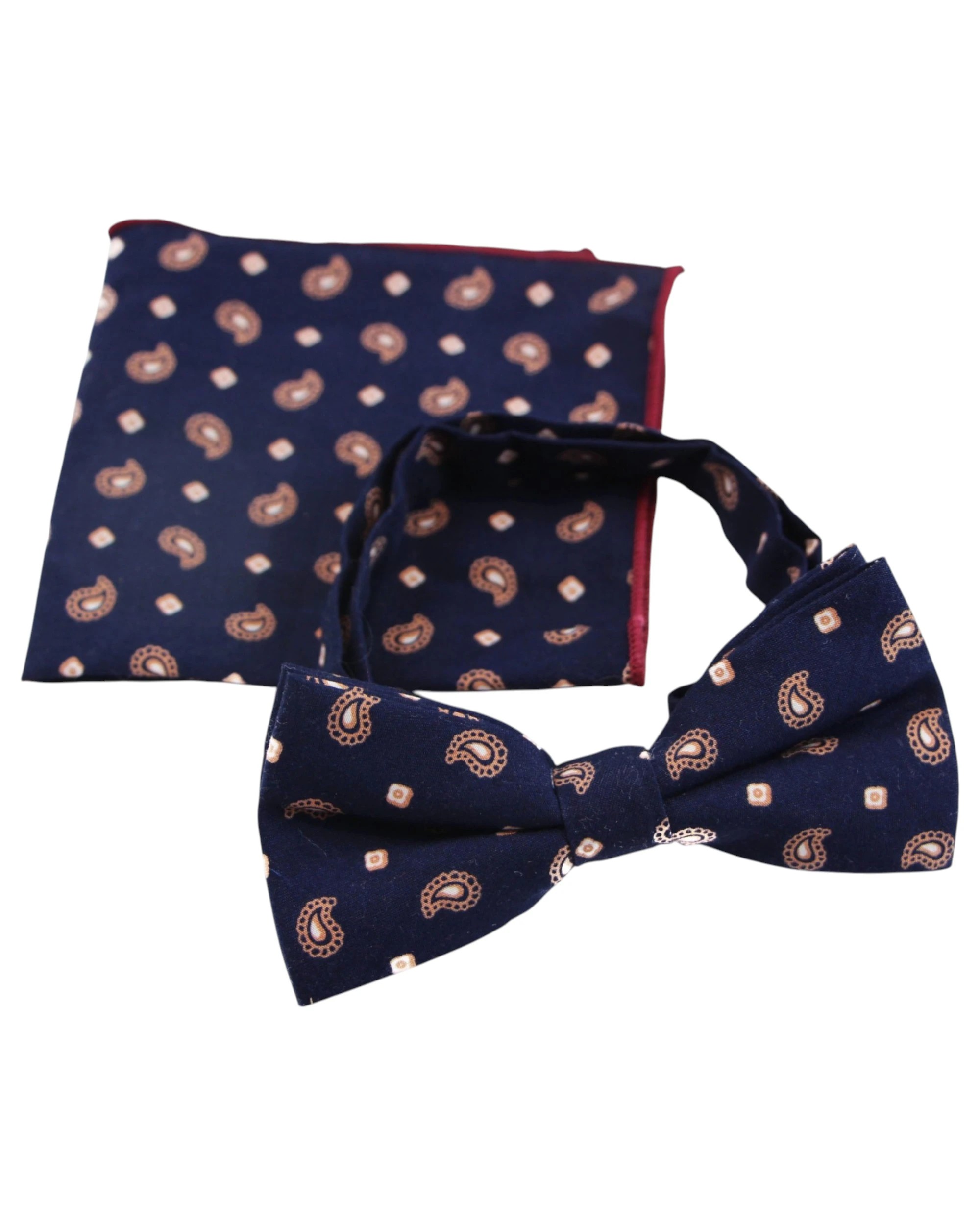 1 Zasel Mens Navy & Tan Scattered Paisley Cotton Bow Tie And Pocket Square Set - Multi, 1 of 5