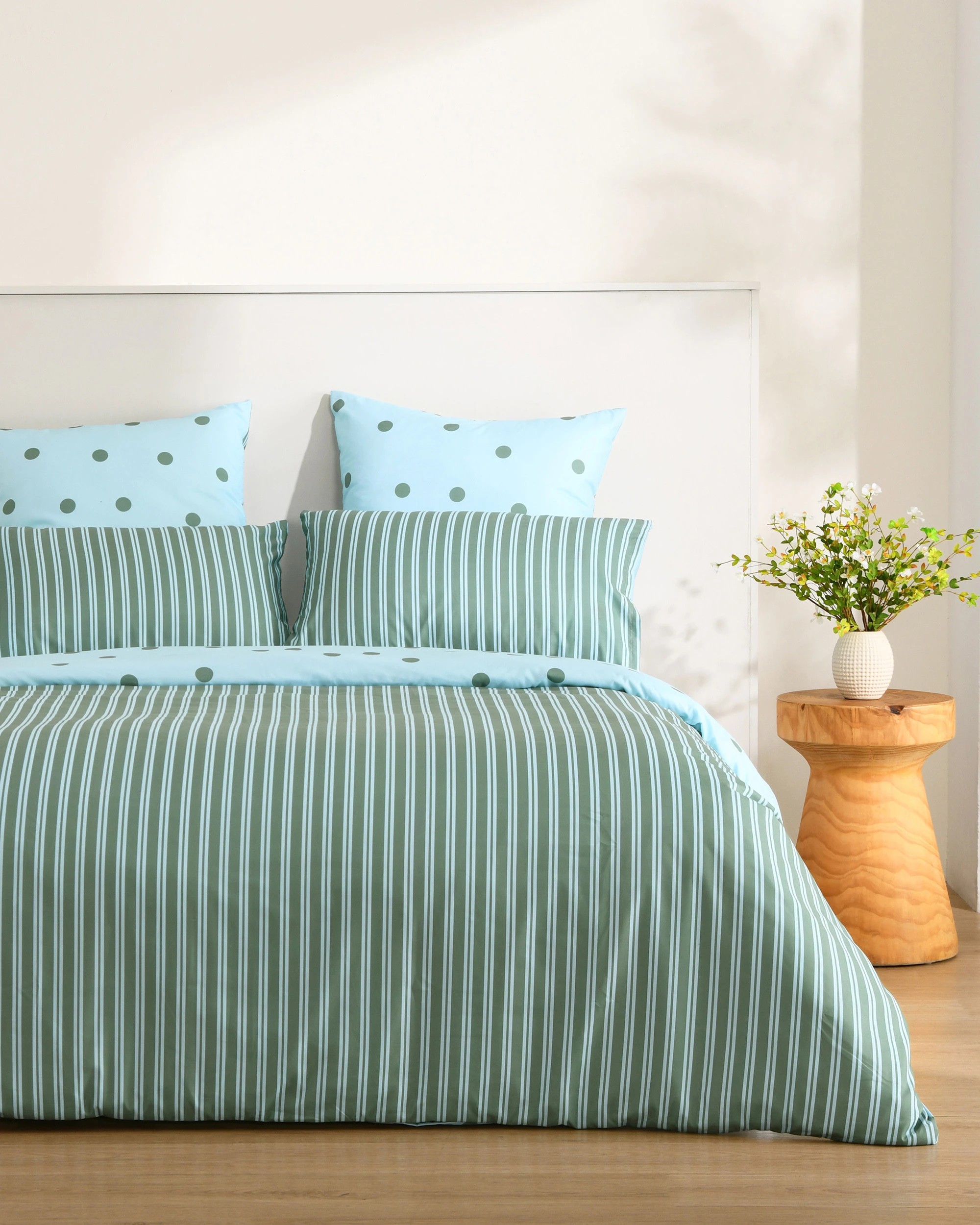 2 Dreamaker Pippa Polka Dot & Stripe Reversible Quilt Cover Set - Double Bed - Sky/Green, 2 of 6