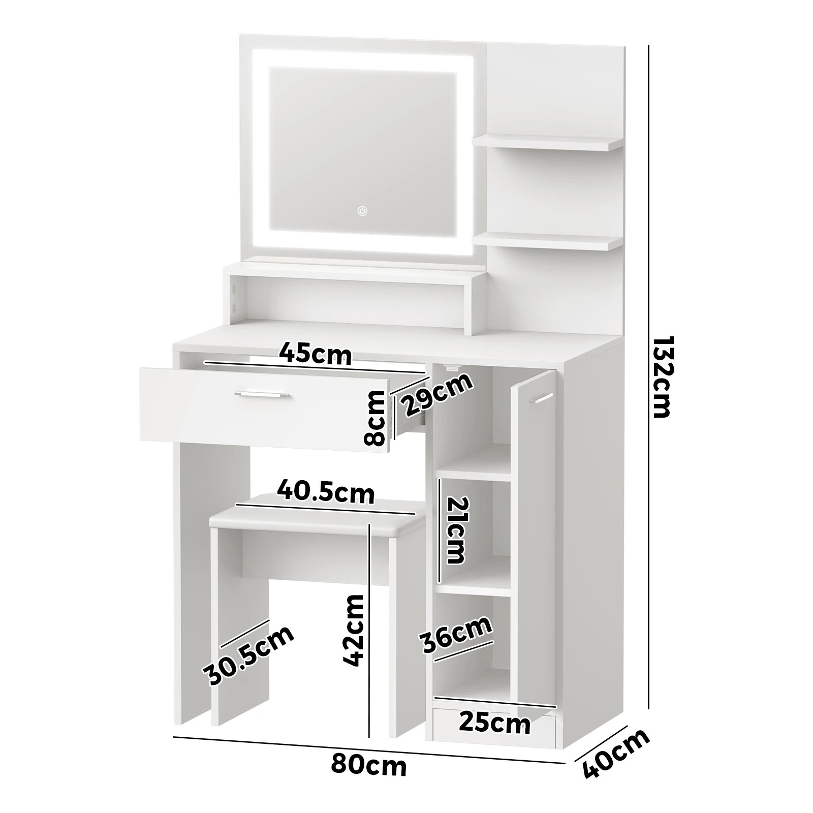 9 Oikiture Dressing Table Stool Set Makeup Mirror Led Light Large Cabinet
 - White, 9 of 9