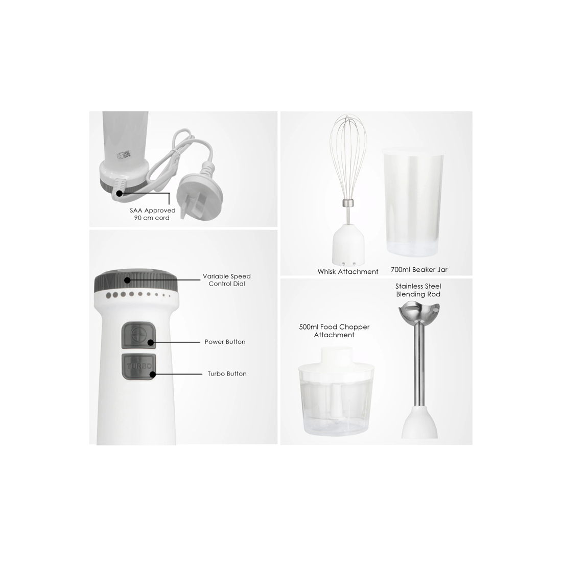 4 TODO Stick Mixer Set Food Chopper Electric Blender Whisk Handheld Beaker Jar Bowl - White, 4 of 5