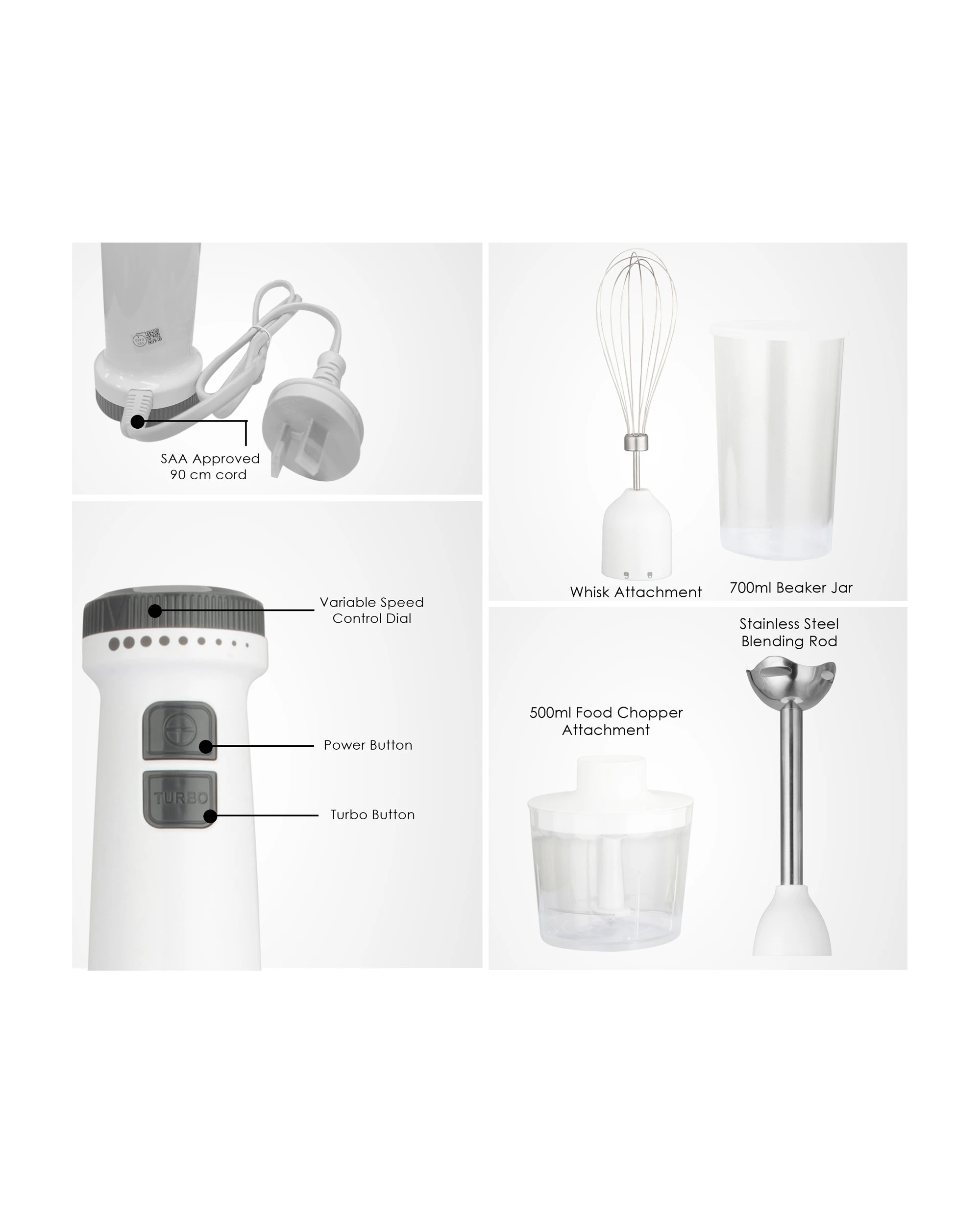 4 TODO Stick Mixer Set Food Chopper Electric Blender Whisk Handheld Beaker Jar Bowl - White, 4 of 5