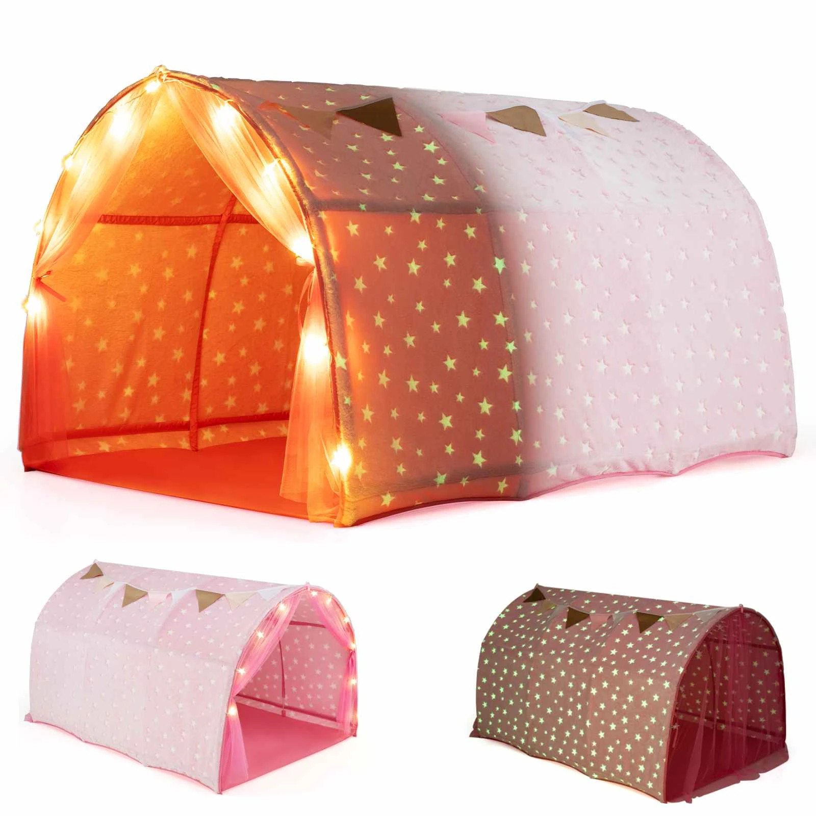 1 Costway Glow in the Dark Play Tent Star Playhouse w/Lights & Curtains - Pink, 1 of 3