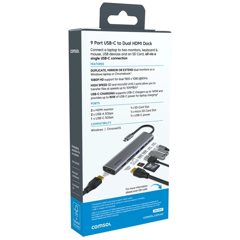 3 Comsol USB-C to Dual HDMI 1080p Adapter with SD Card Reader, 3 of 5