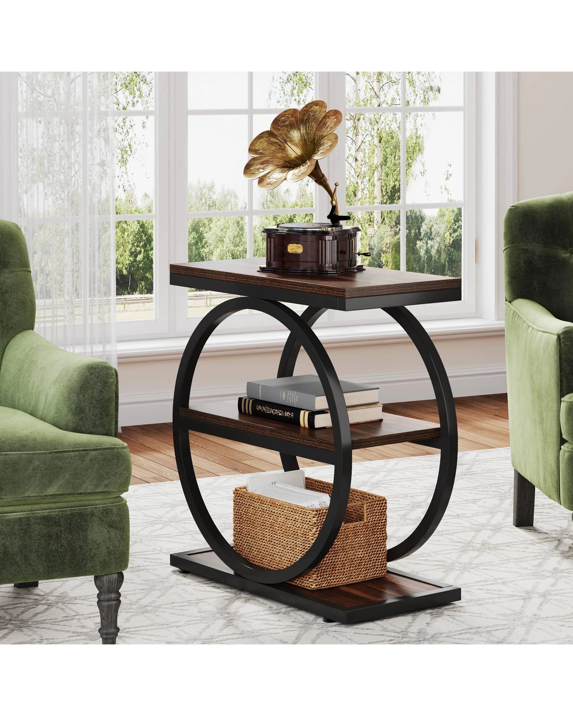 4 OAKORY 60cm End Table, Narrow 30cm Wide with Rustic Brown Storage Shelves Black Metal Frame, 4 of 7