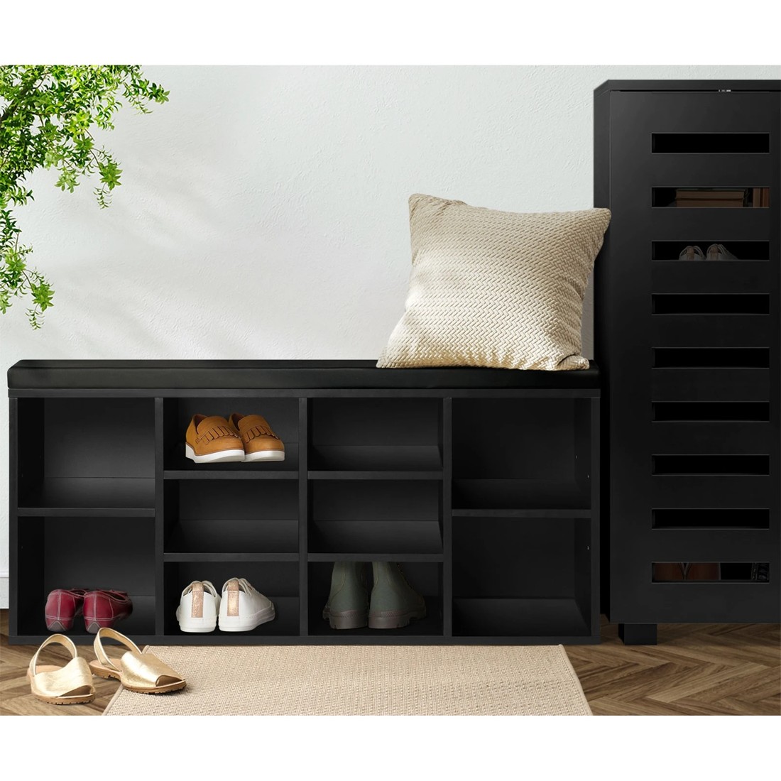 3 Oikiture Shoe Cabinet Bench Shoe Storage Rack Pu Padded Seat Organiser Cupboard
 - Black, 3 of 7