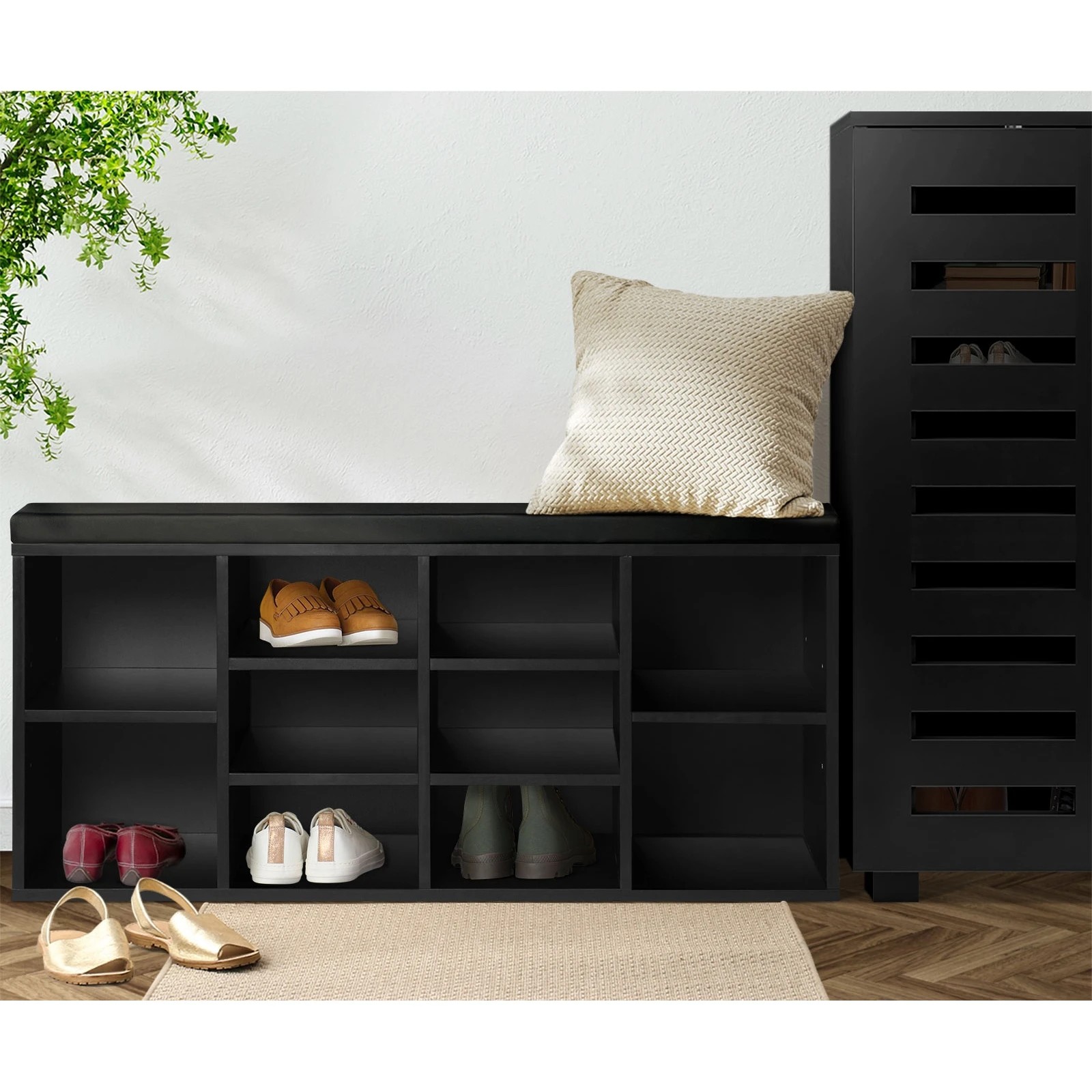 2 Oikiture Shoe Cabinet Bench Shoe Storage Rack Pu Padded Seat Organiser Cupboard
 - Black, 2 of 6