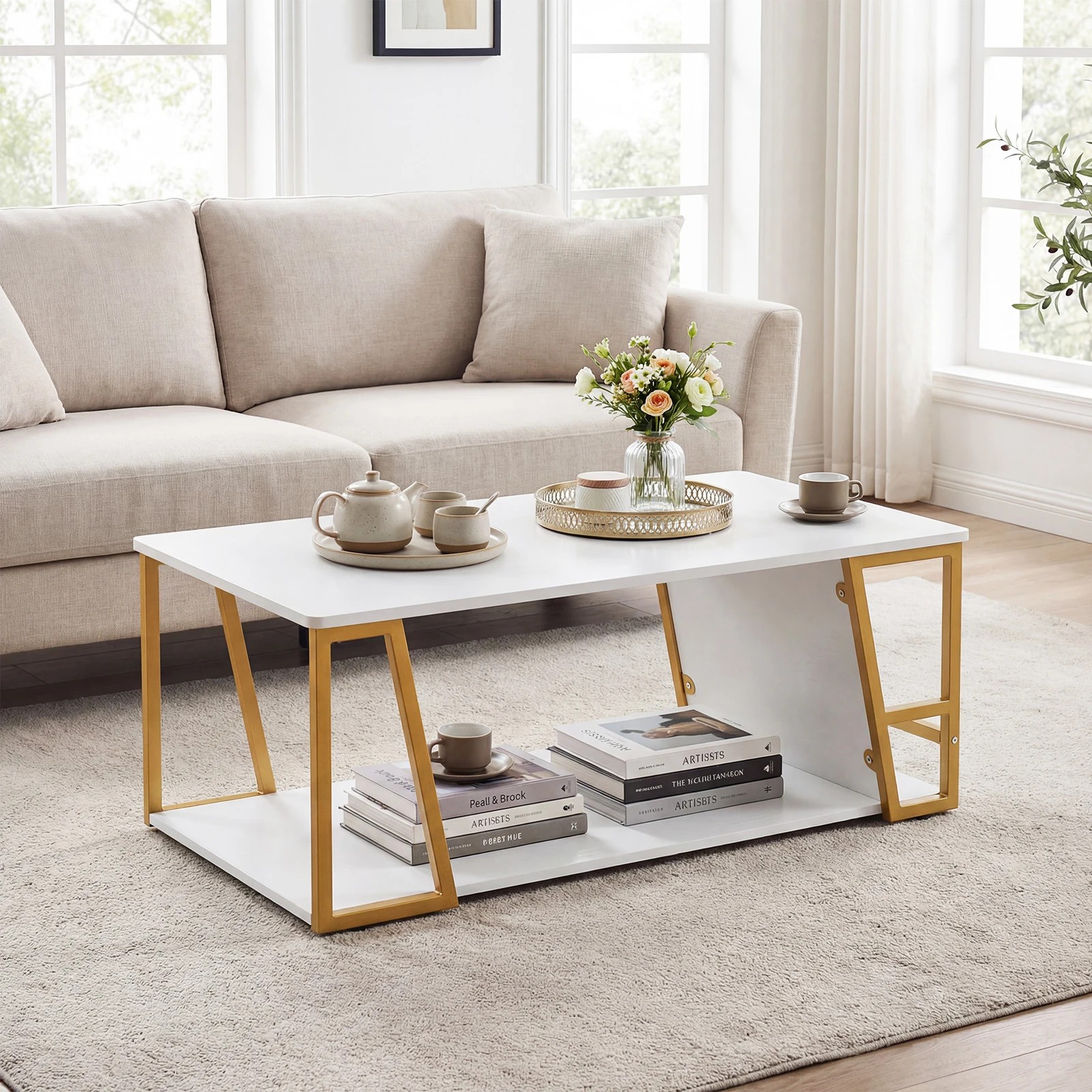 3 Costway 2-Tier Coffee Table Rectangle Center Table w/Geometric Metal Frame, 3 of 6