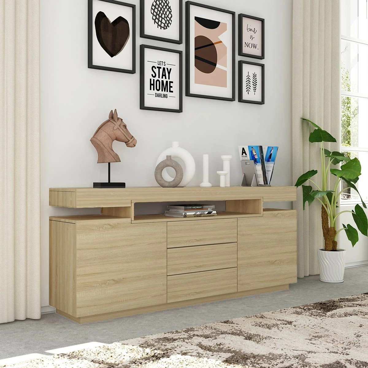 2 Ausway 3 Drawer Sideboard TV Stand Cabinet Buffet Table Oak 160x35x72cm, 2 of 9