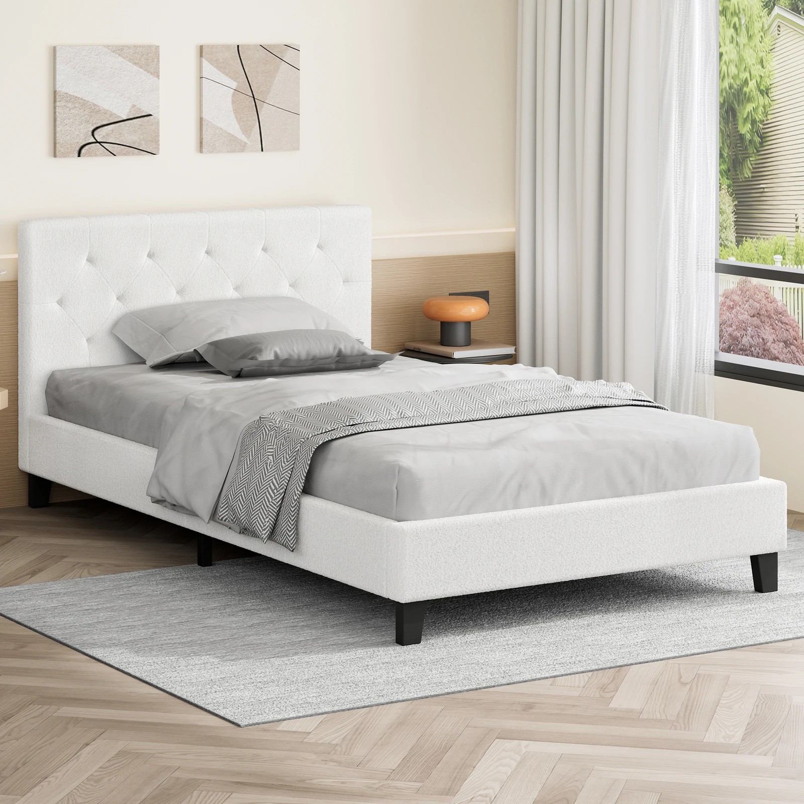 2 Alfordson Bed Frame Single Size Wooden Base Platform Boucle Madelyn - White, 2 of 10